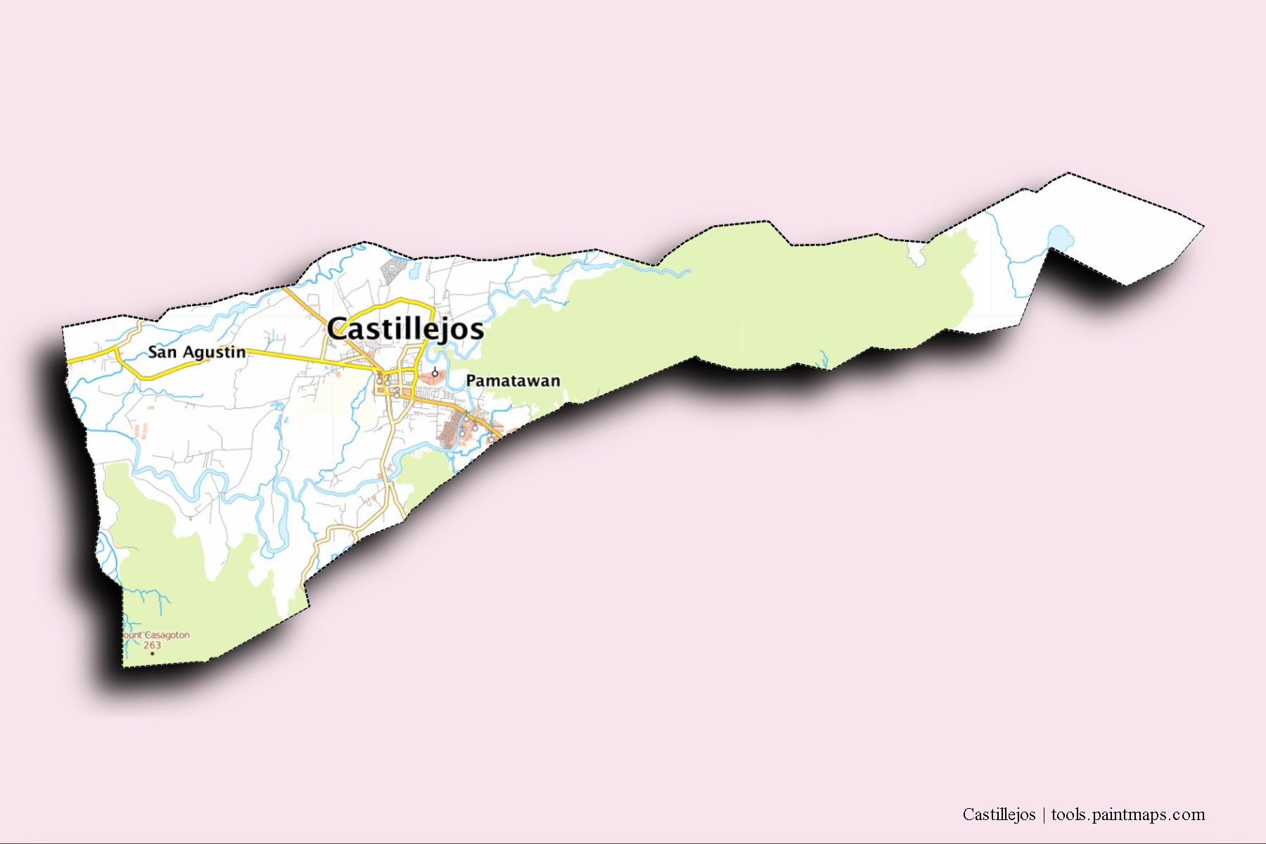 Castillejos neighborhoods and villages map with 3D shadow effect