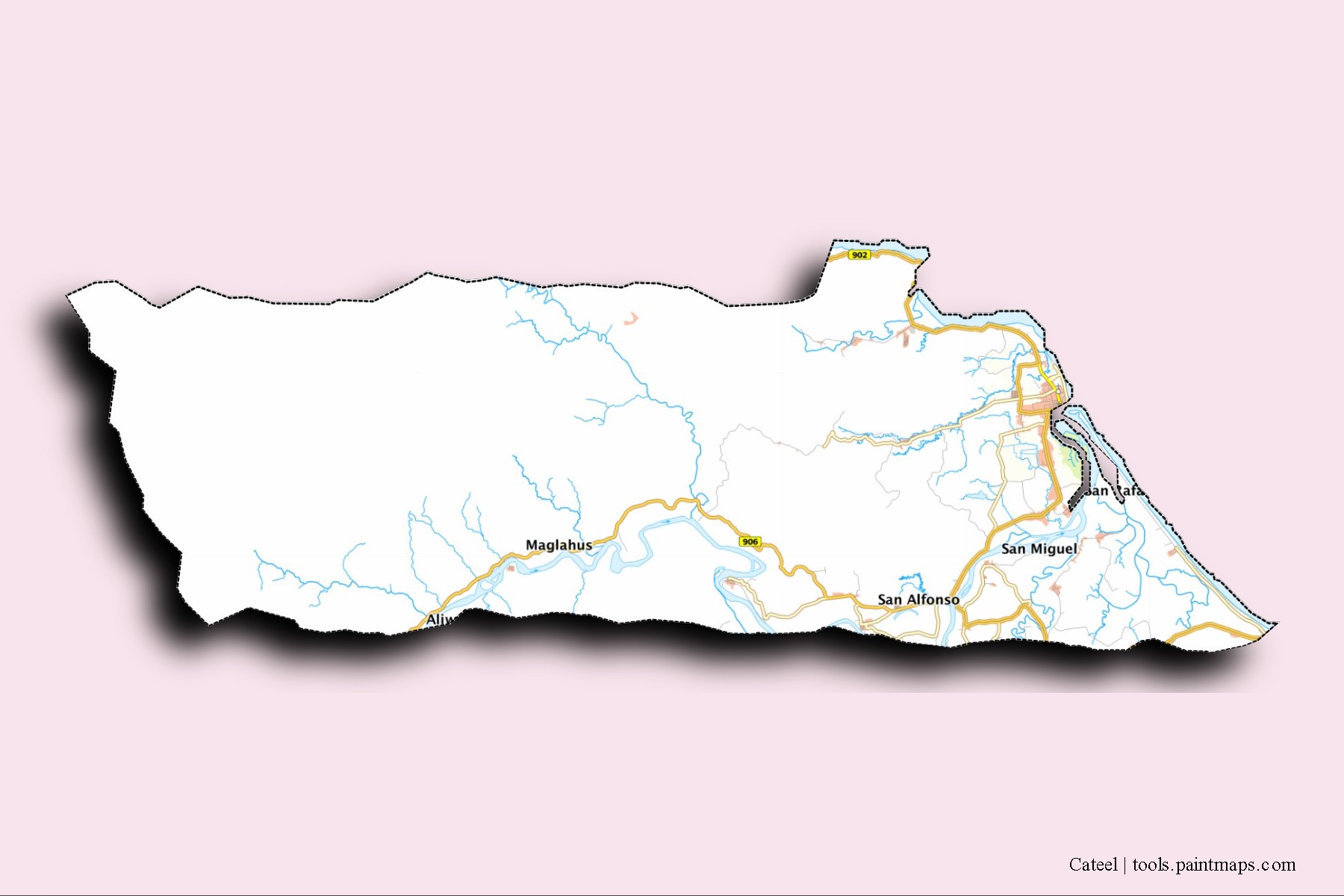 Mapa de barrios y pueblos de Cateel con efecto de sombra 3D