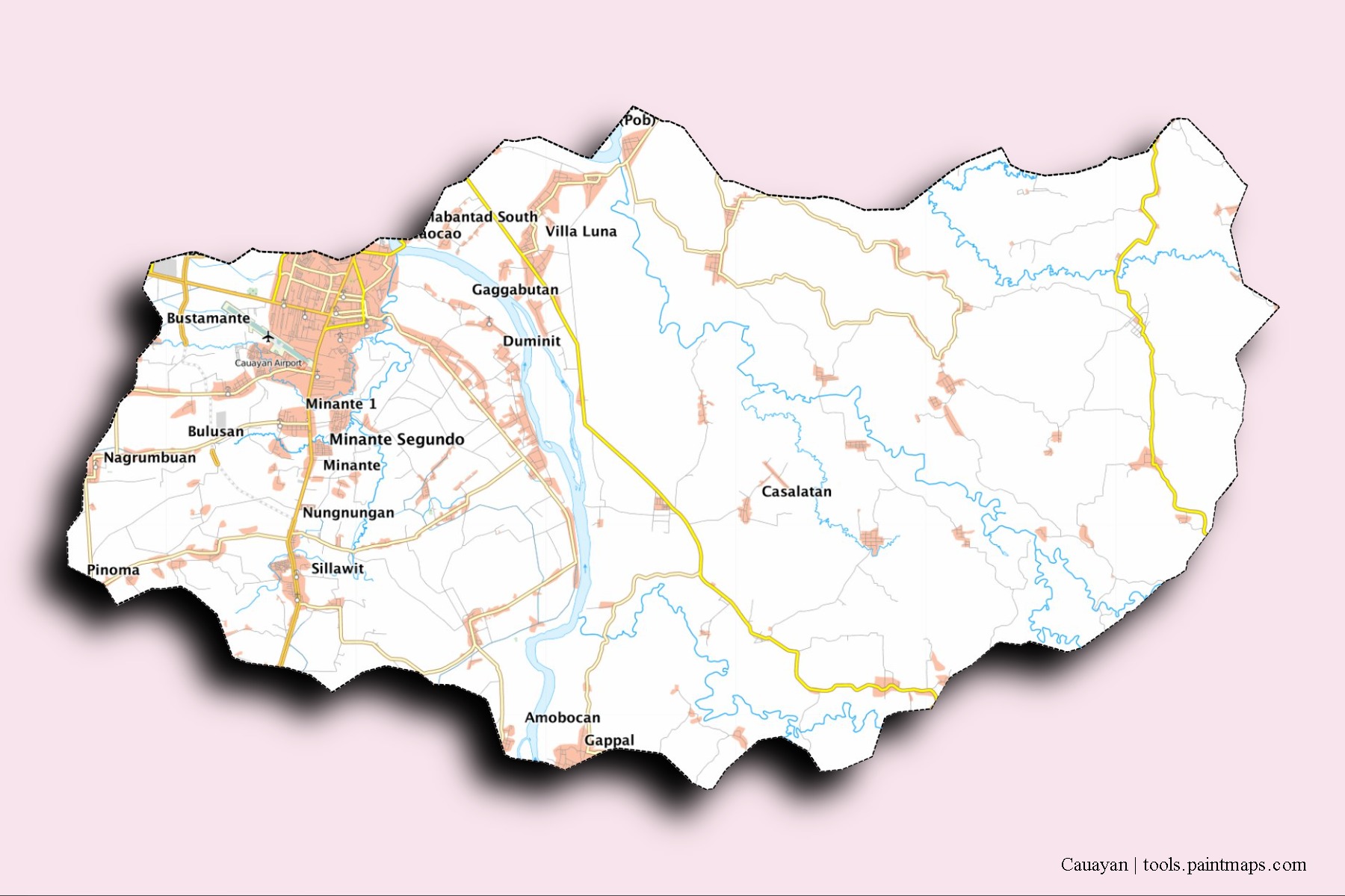 Cauayan neighborhoods and villages map with 3D shadow effect