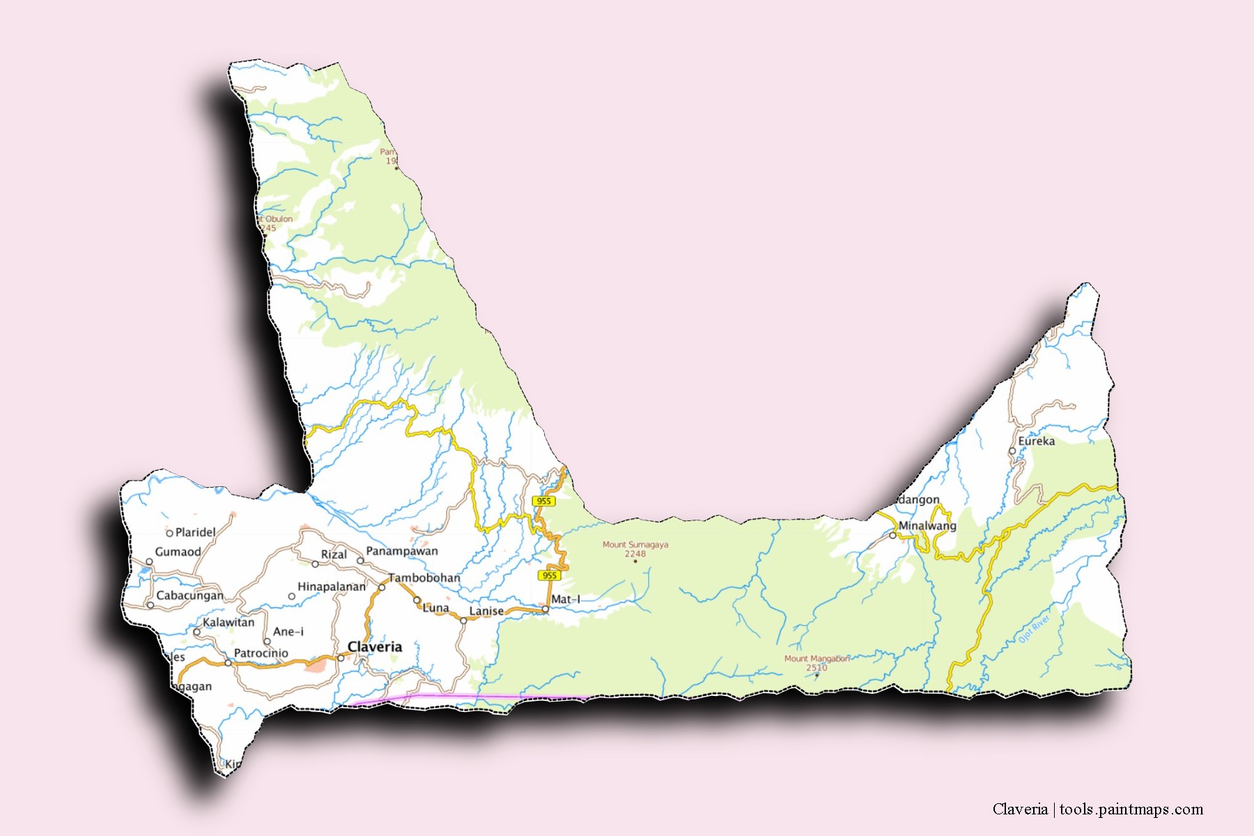 Mapa de barrios y pueblos de Claveria con efecto de sombra 3D