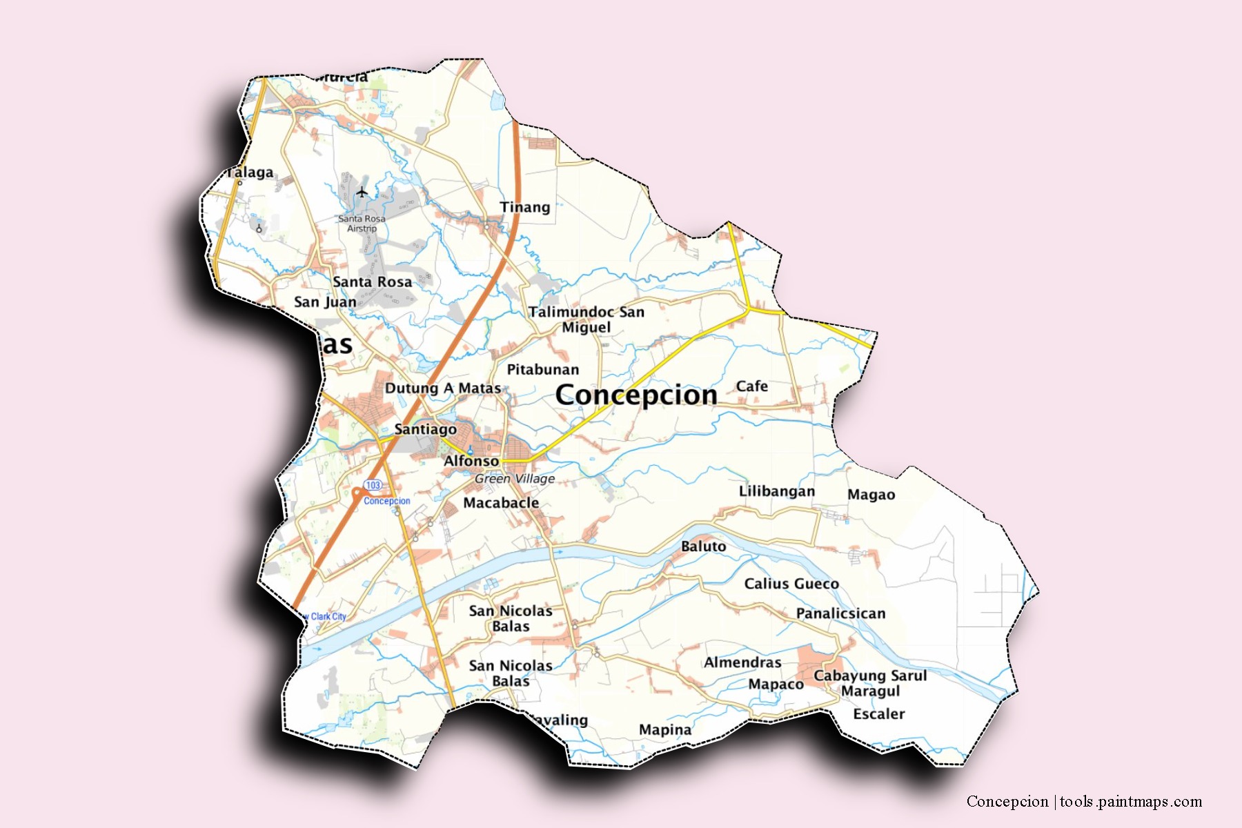 Mapa de barrios y pueblos de Concepcion con efecto de sombra 3D