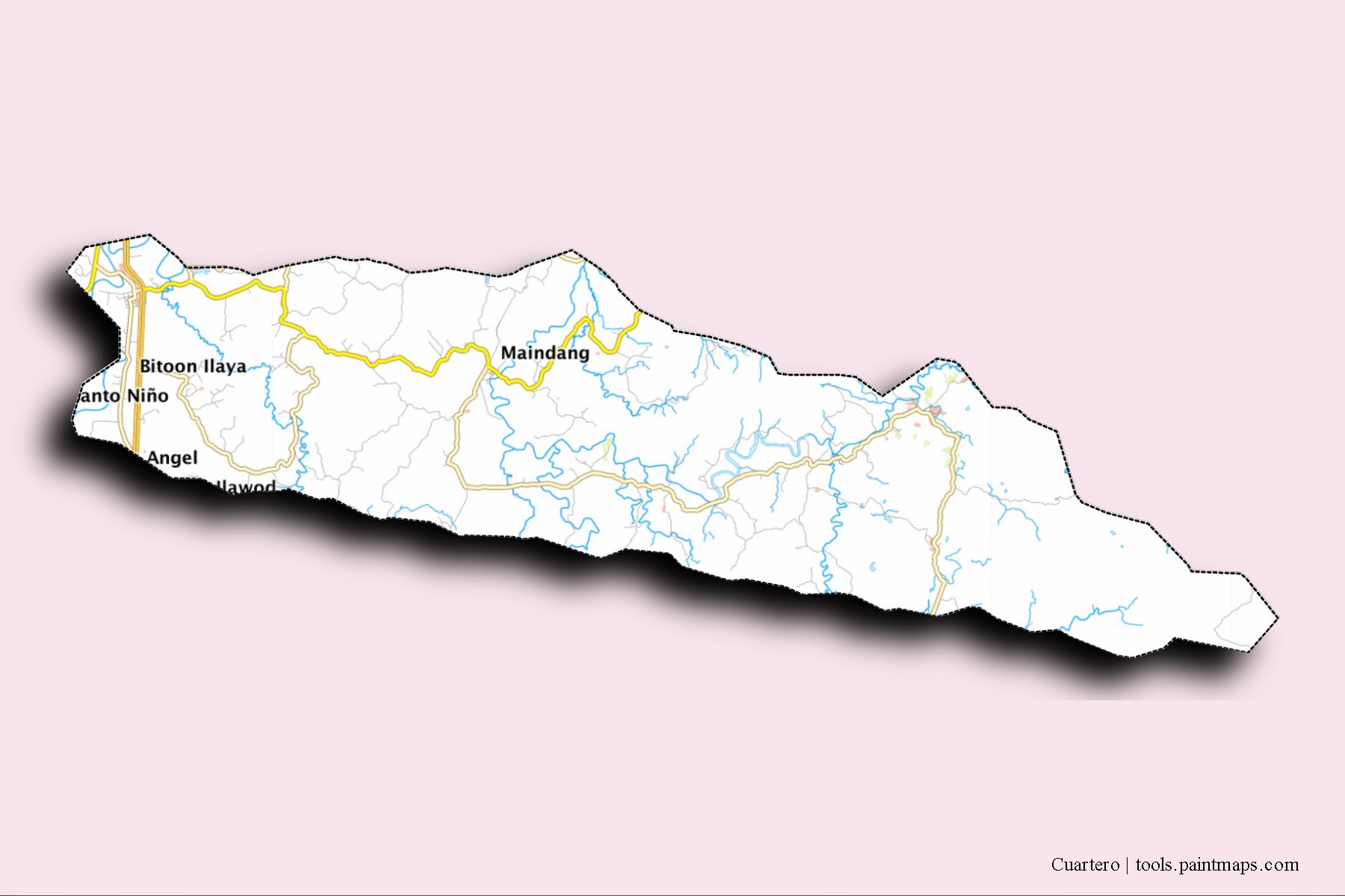 Cuartero neighborhoods and villages map with 3D shadow effect