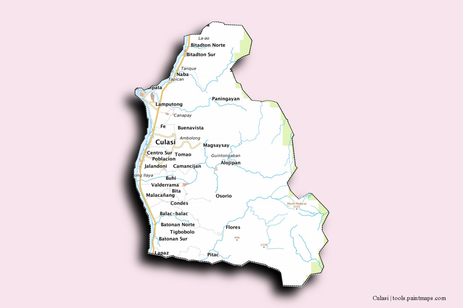 Culasi neighborhoods and villages map with 3D shadow effect