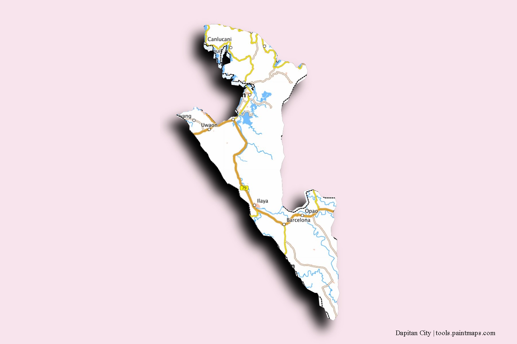 Dapitan City neighborhoods and villages map with 3D shadow effect