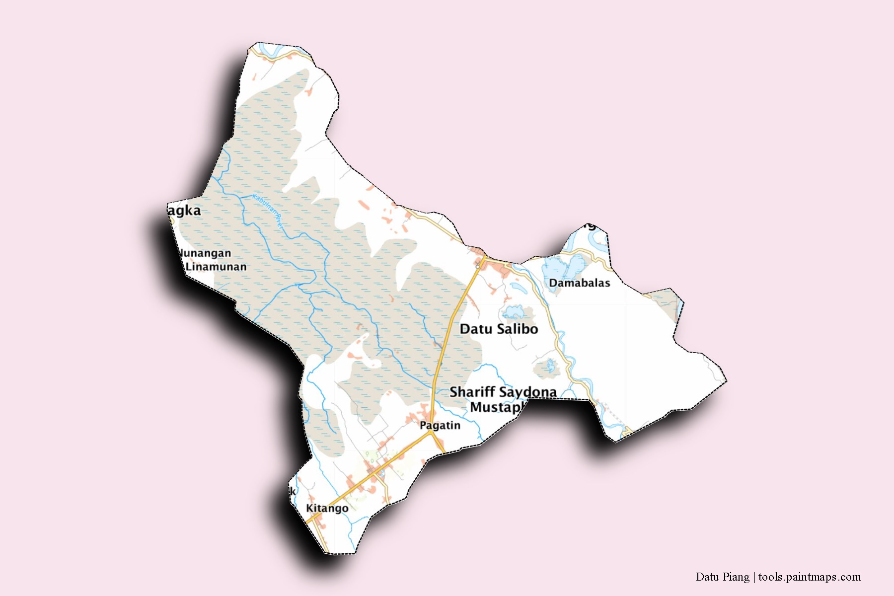 Mapa de barrios y pueblos de Datu Piang con efecto de sombra 3D