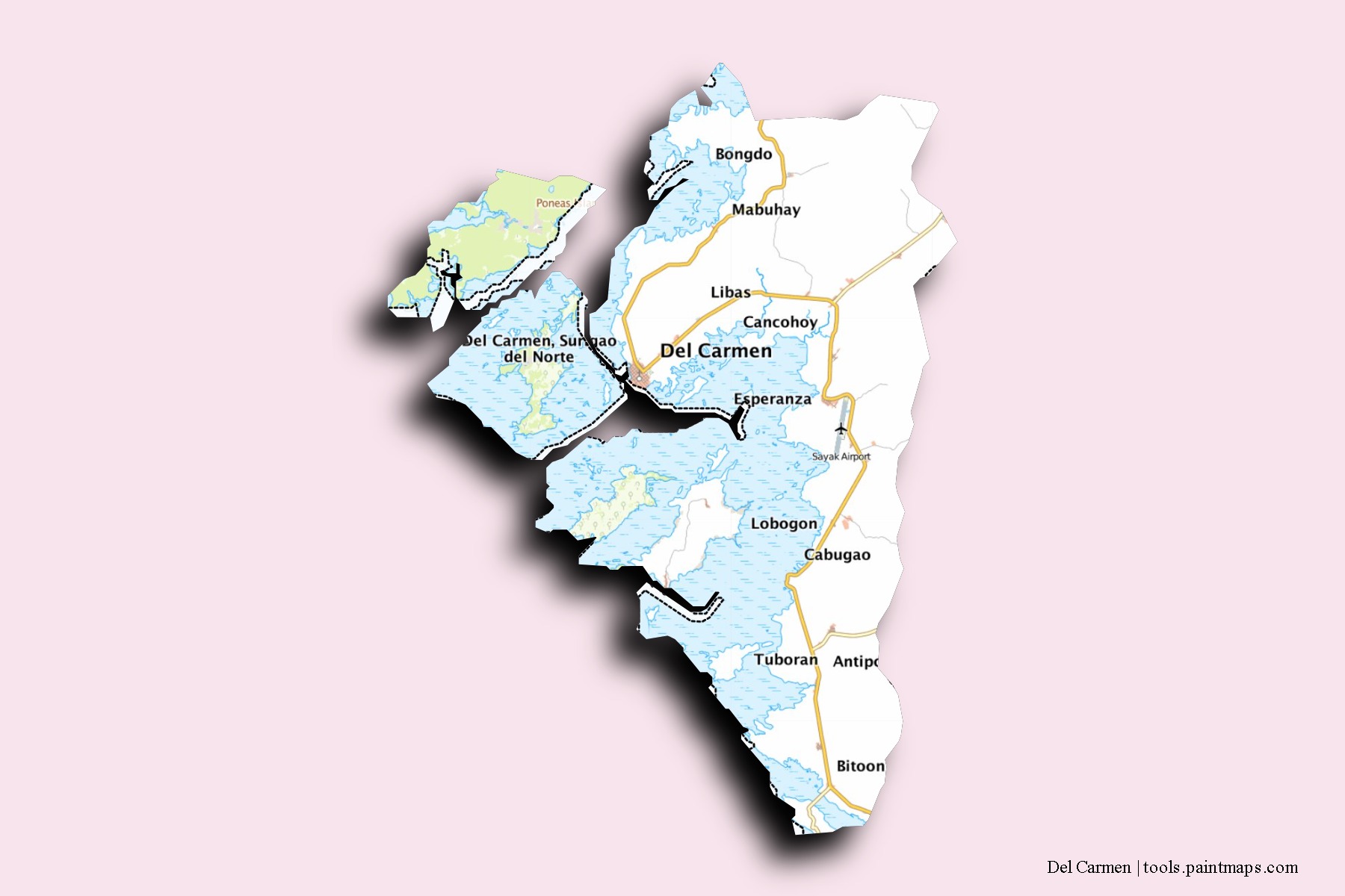 Mapa de barrios y pueblos de Del Carmen con efecto de sombra 3D