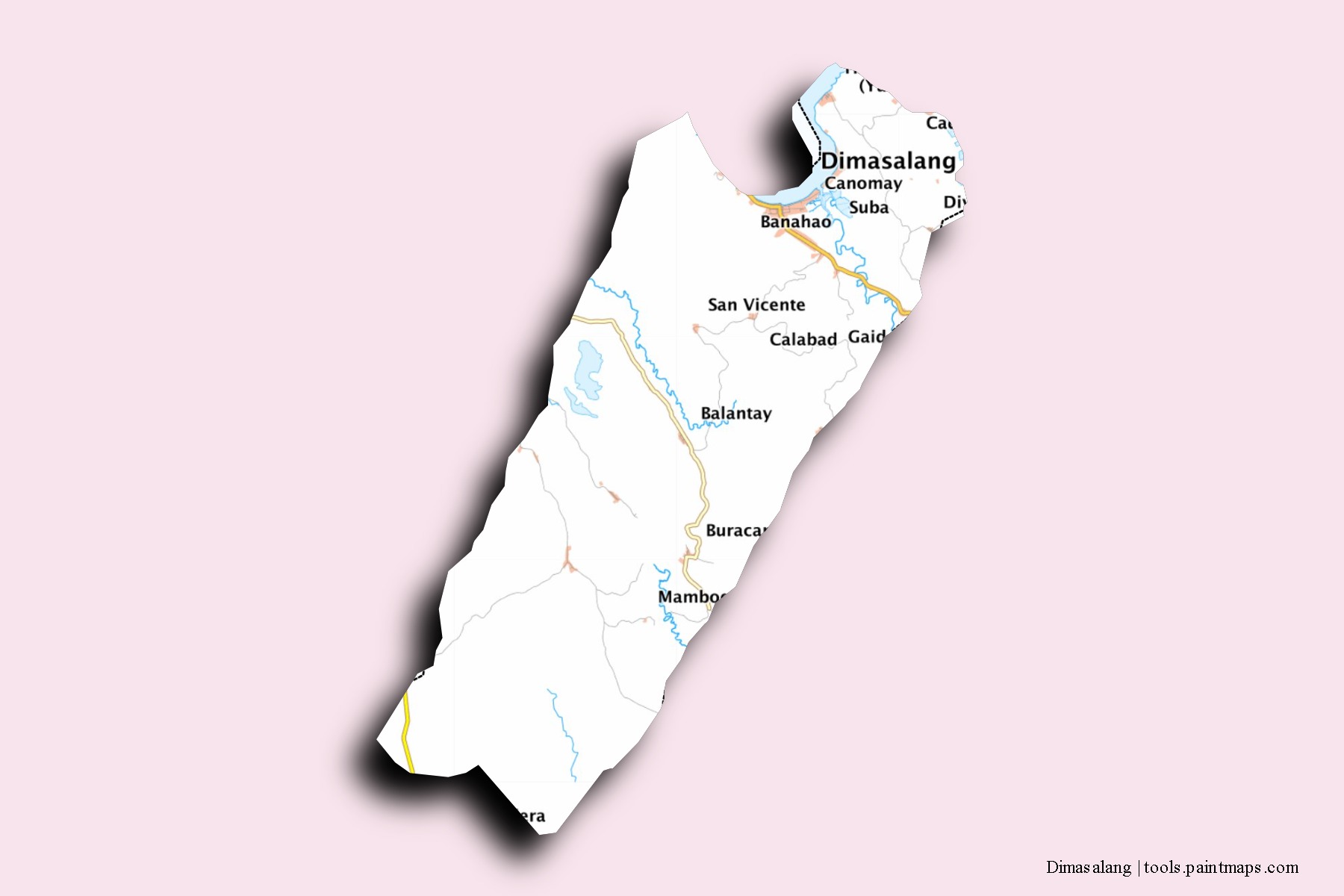 Mapa de barrios y pueblos de Dimasalang con efecto de sombra 3D