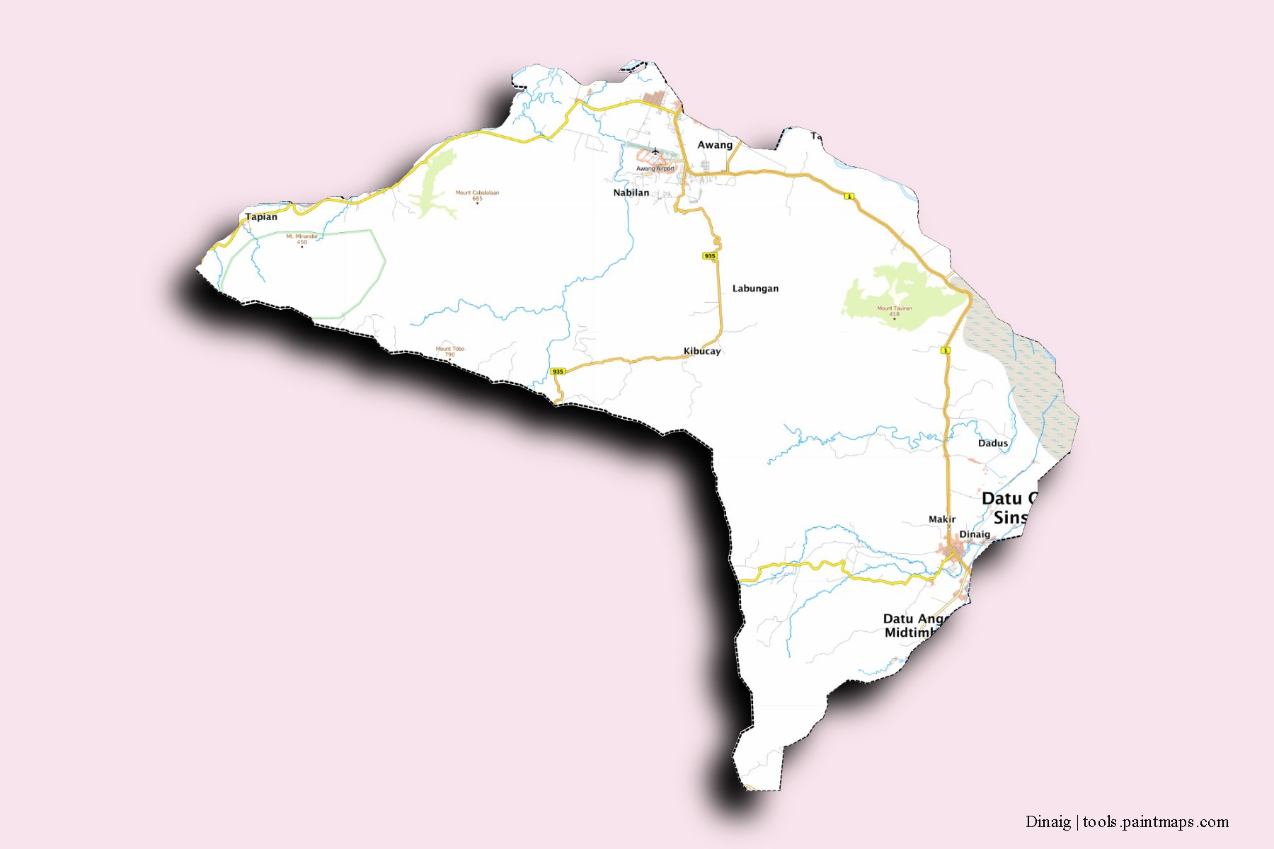 Mapa de barrios y pueblos de Dinaig con efecto de sombra 3D