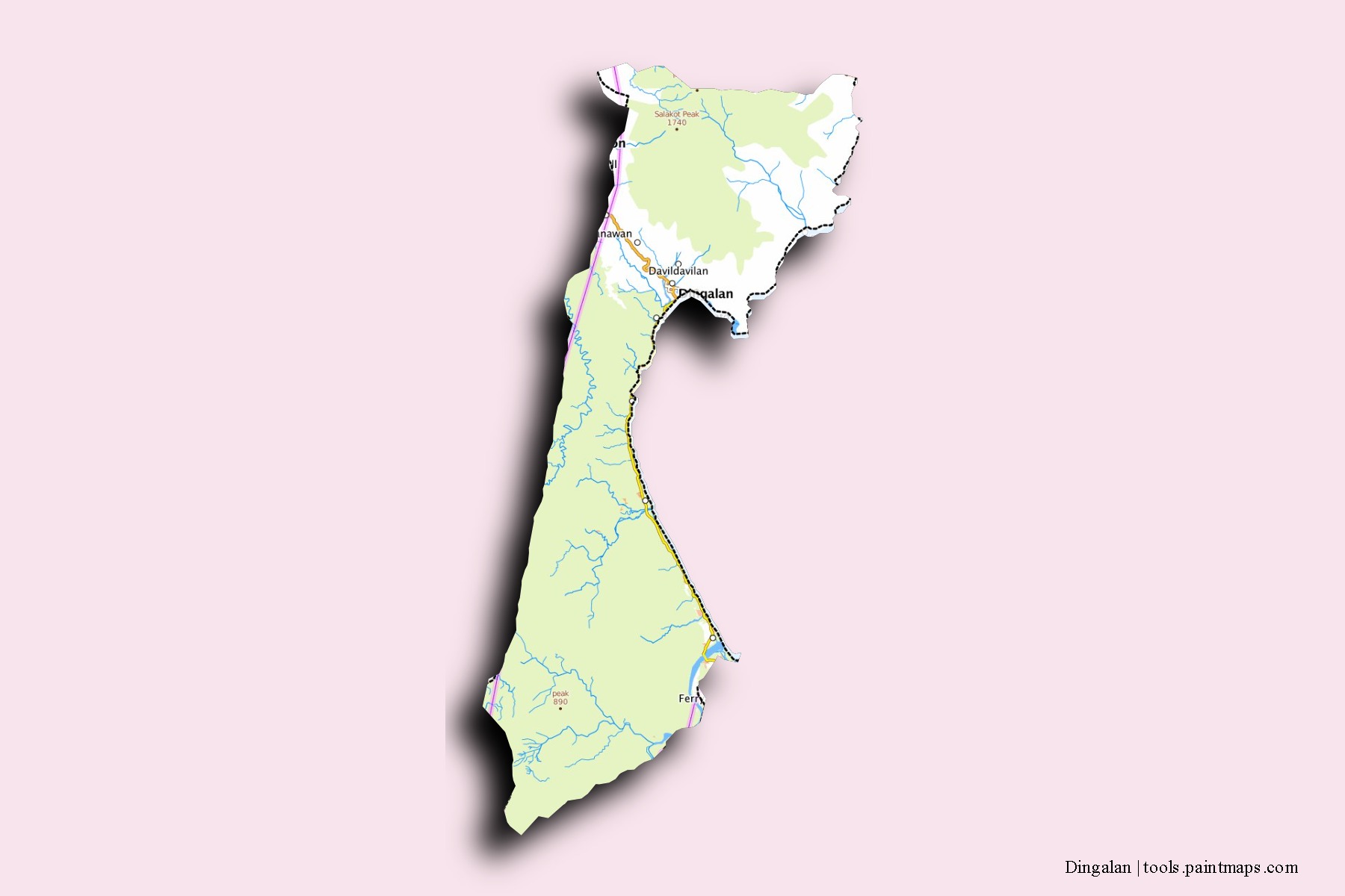 Dingalan neighborhoods and villages map with 3D shadow effect