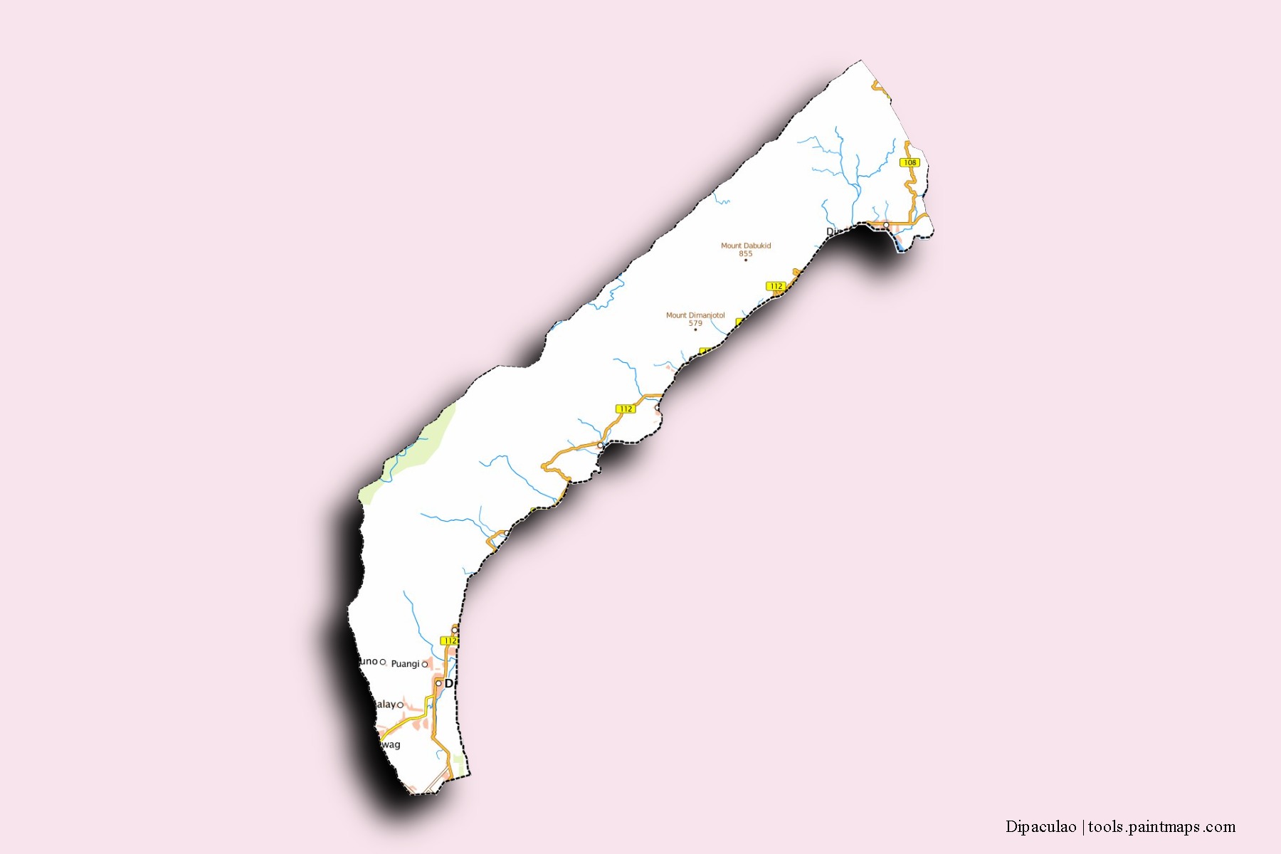 Mapa de barrios y pueblos de Dipaculao con efecto de sombra 3D