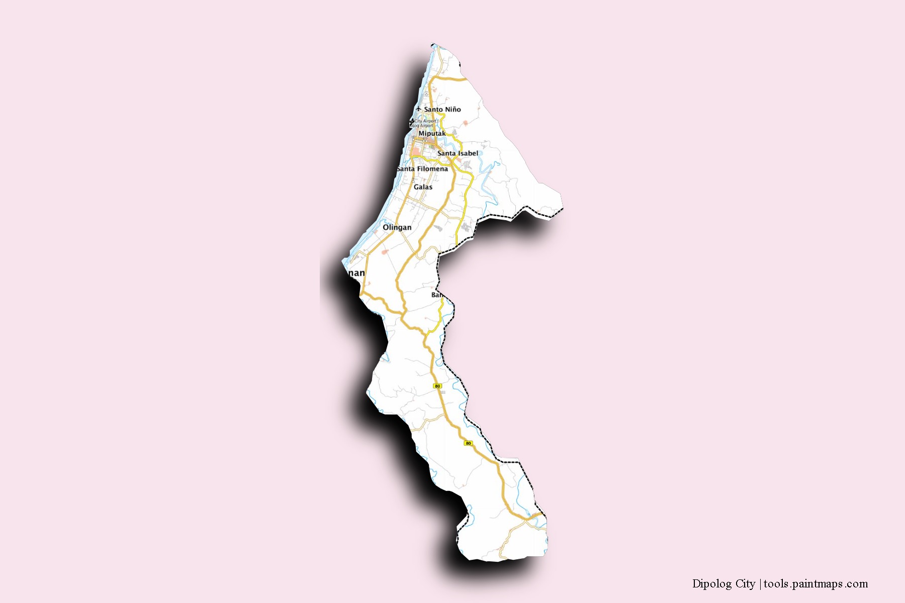 Mapa de barrios y pueblos de Dipolog City con efecto de sombra 3D