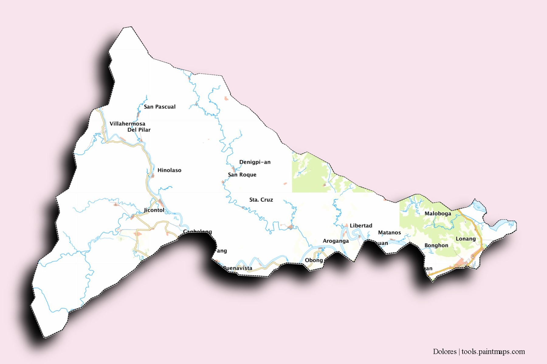 Mapa de barrios y pueblos de Dolores con efecto de sombra 3D