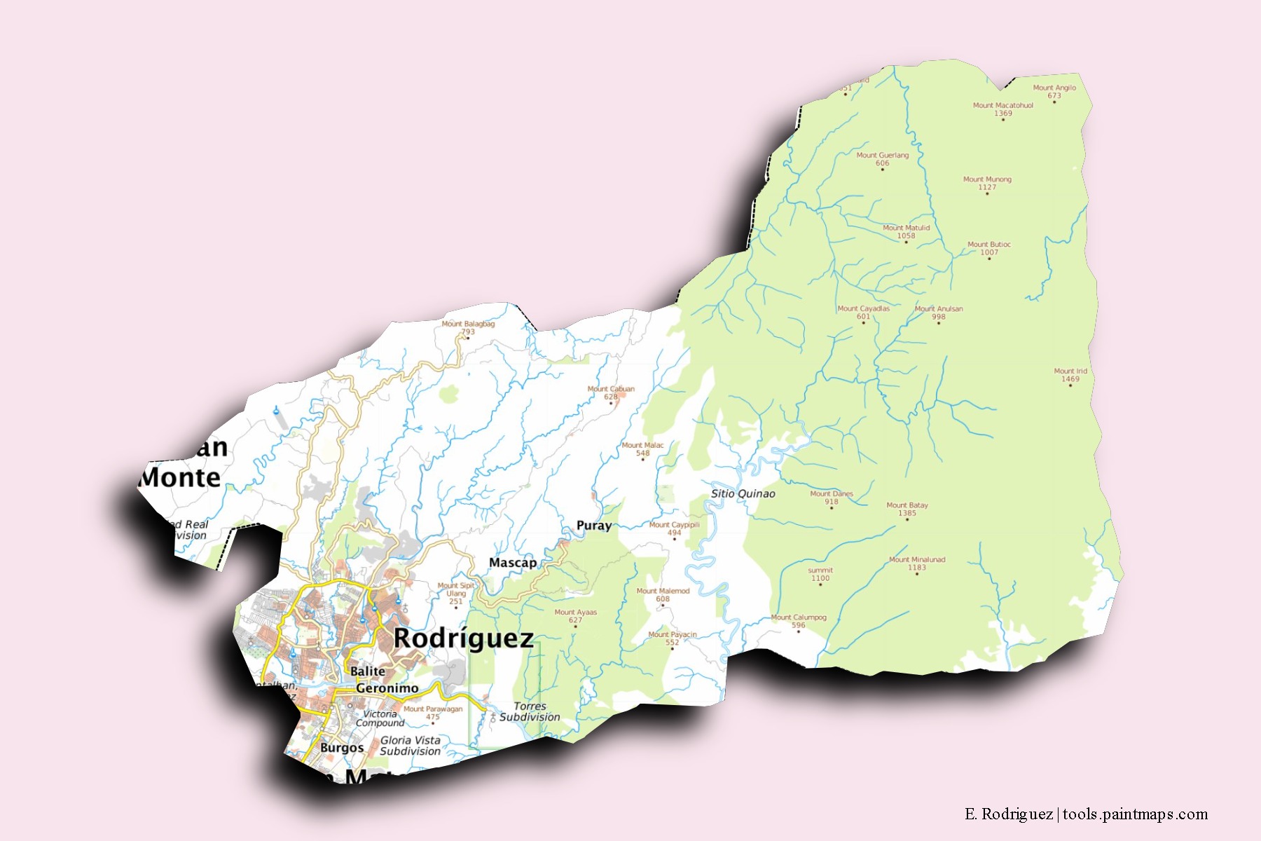 E. Rodriguez neighborhoods and villages map with 3D shadow effect