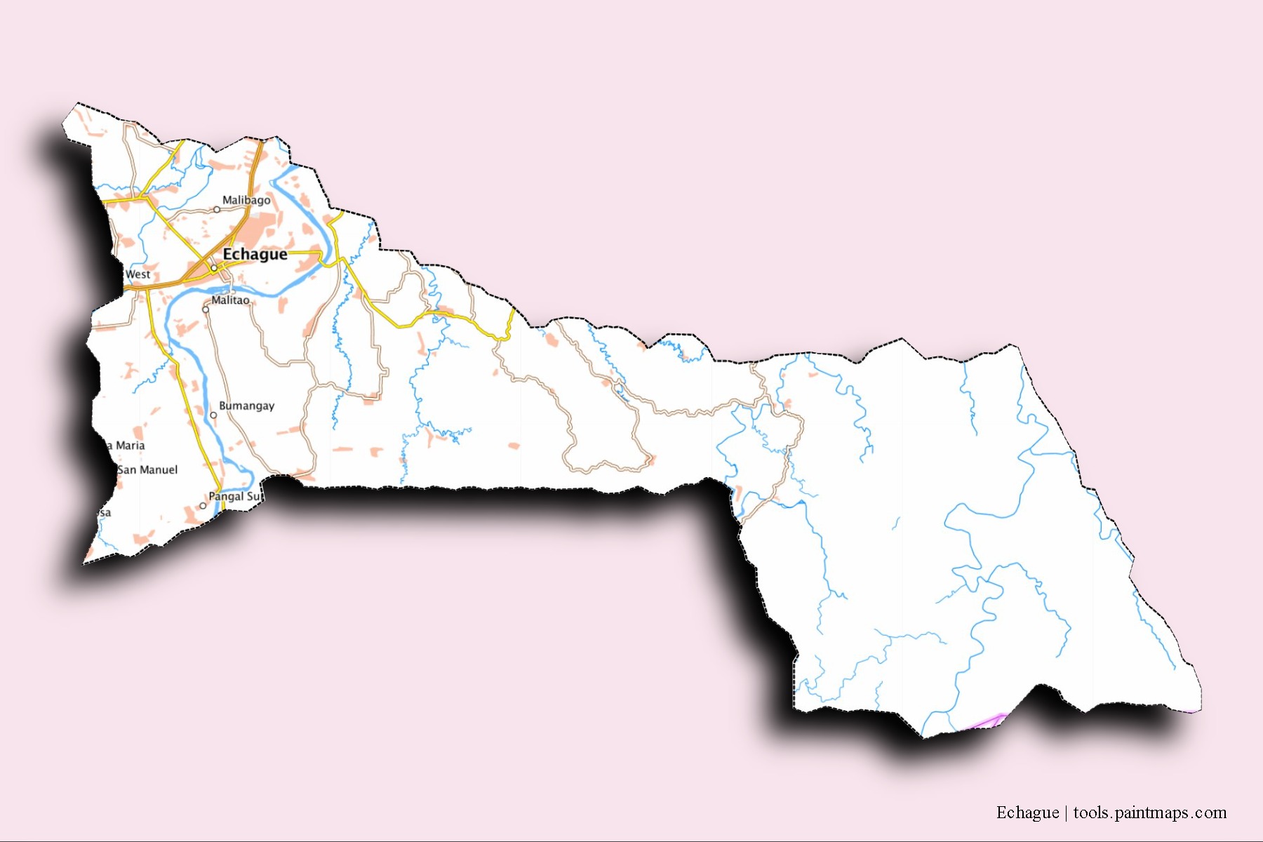 Mapa de barrios y pueblos de Echague con efecto de sombra 3D