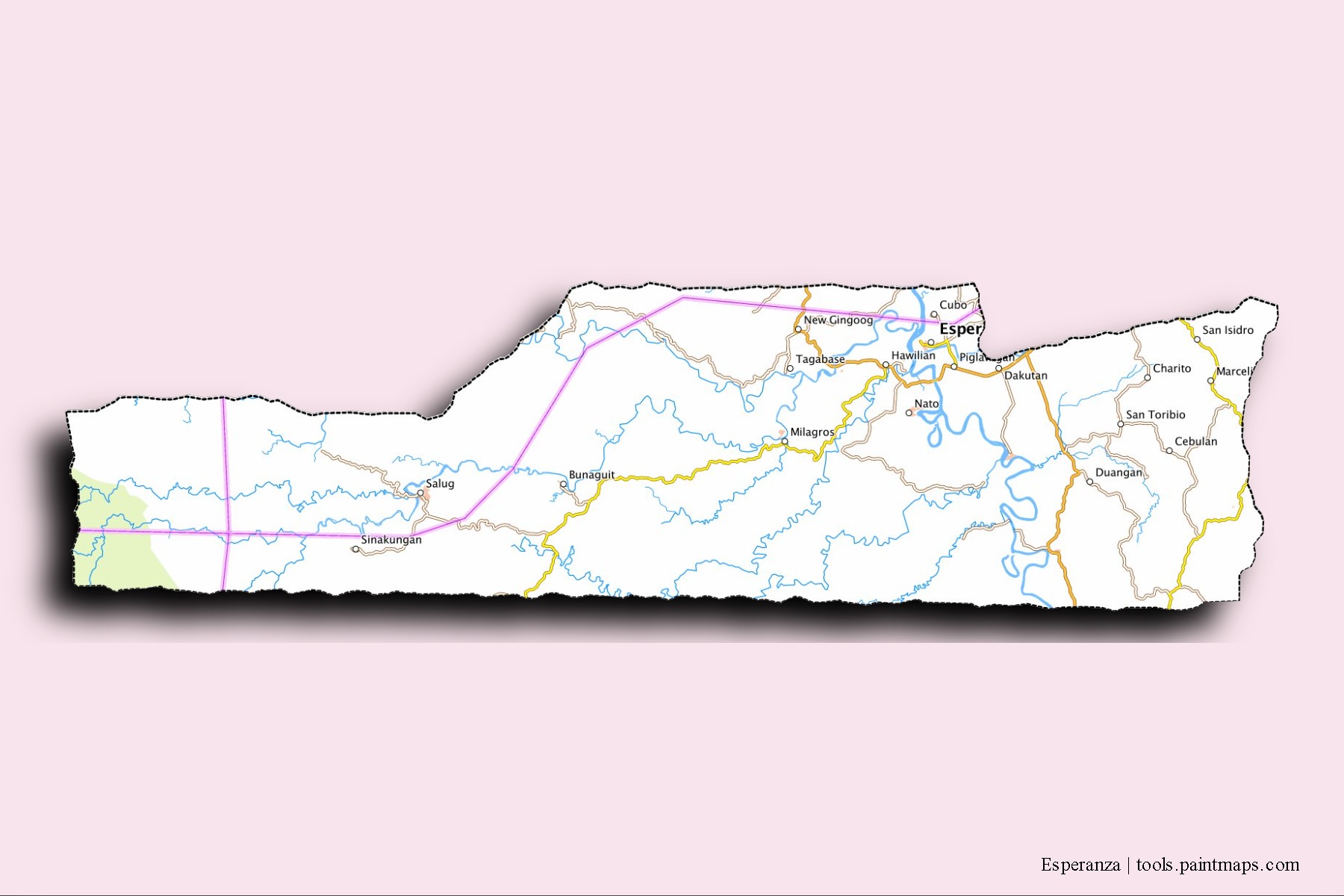 Esperanza neighborhoods and villages map with 3D shadow effect