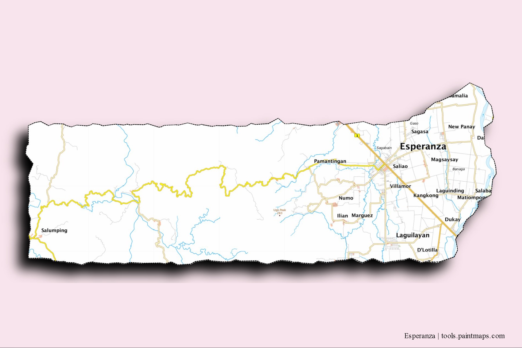 Mapa de barrios y pueblos de Esperanza con efecto de sombra 3D