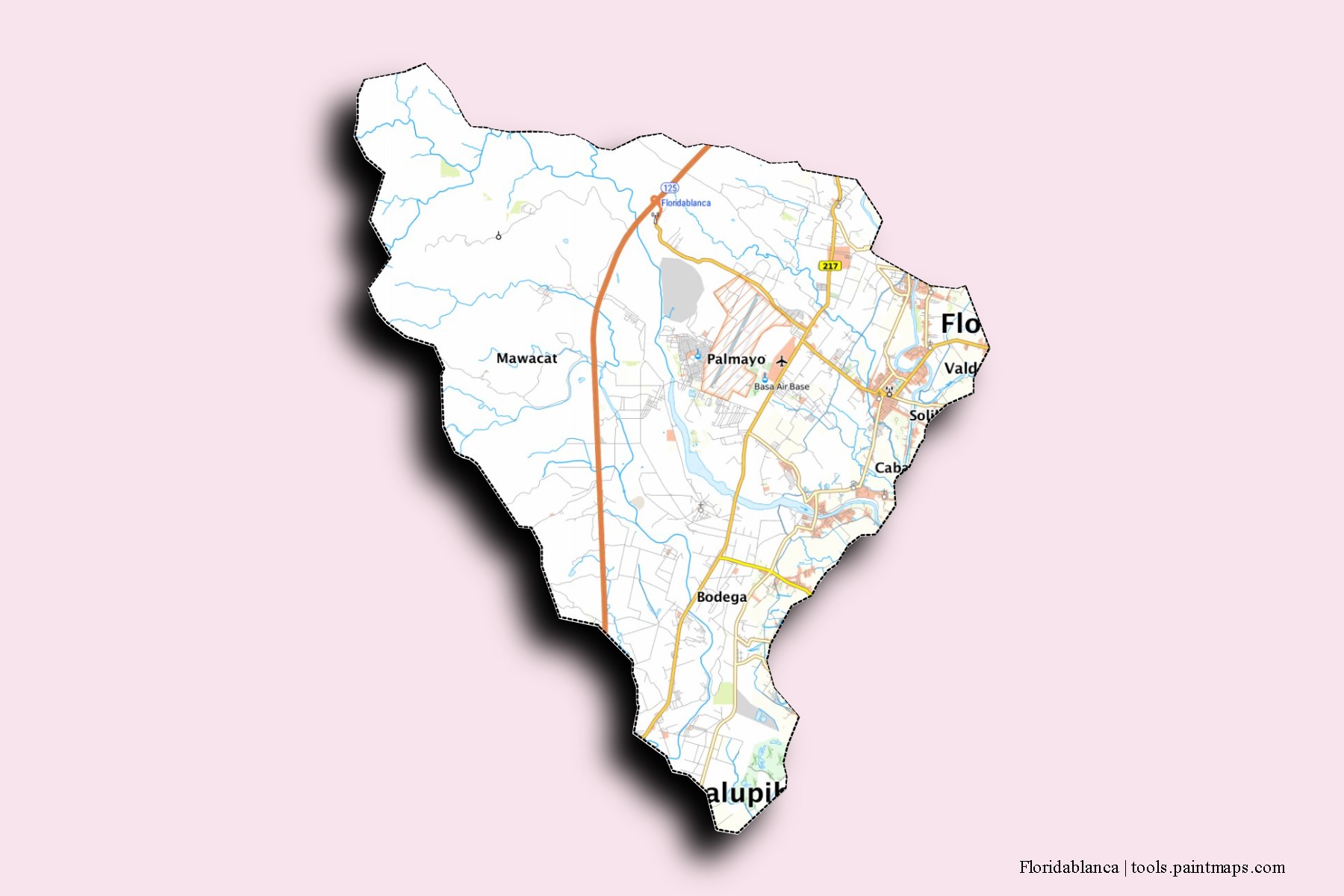 Mapa de barrios y pueblos de Floridablanca con efecto de sombra 3D