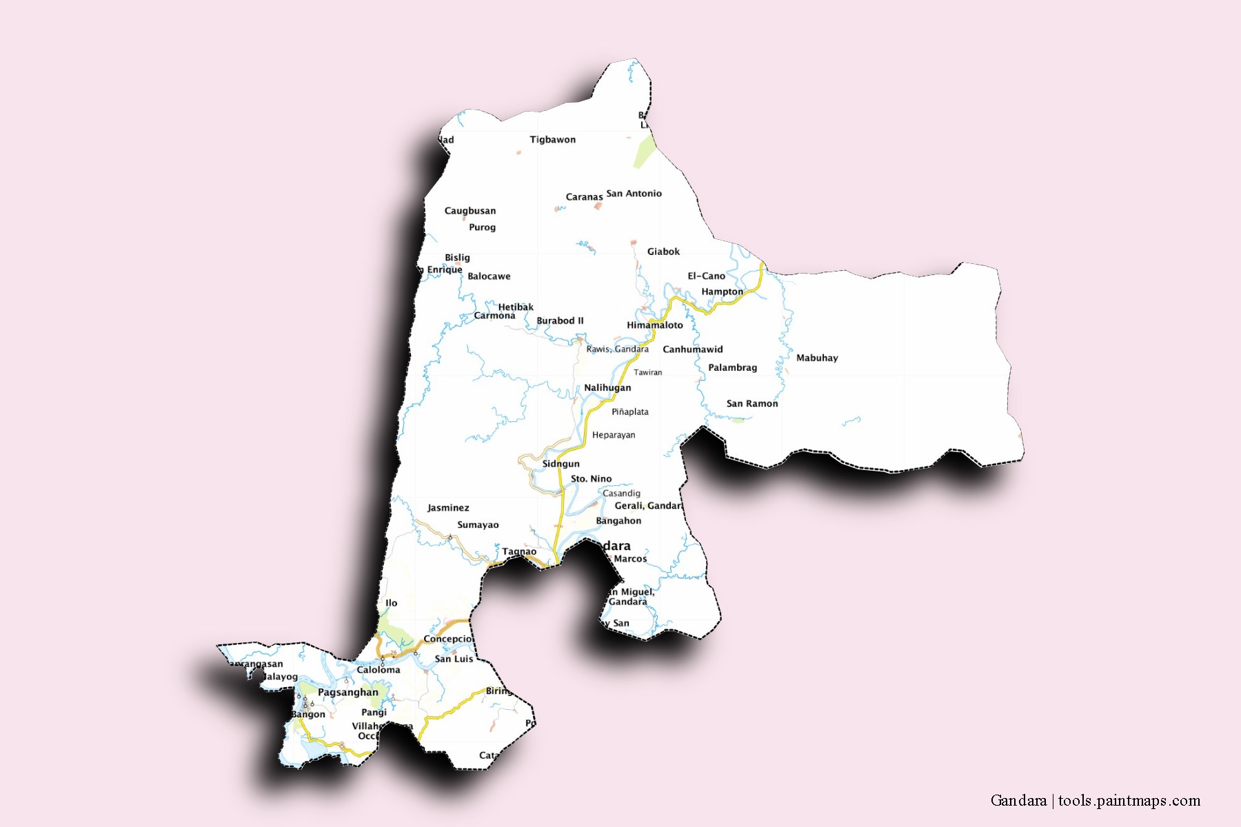 Mapa de barrios y pueblos de Gandara con efecto de sombra 3D