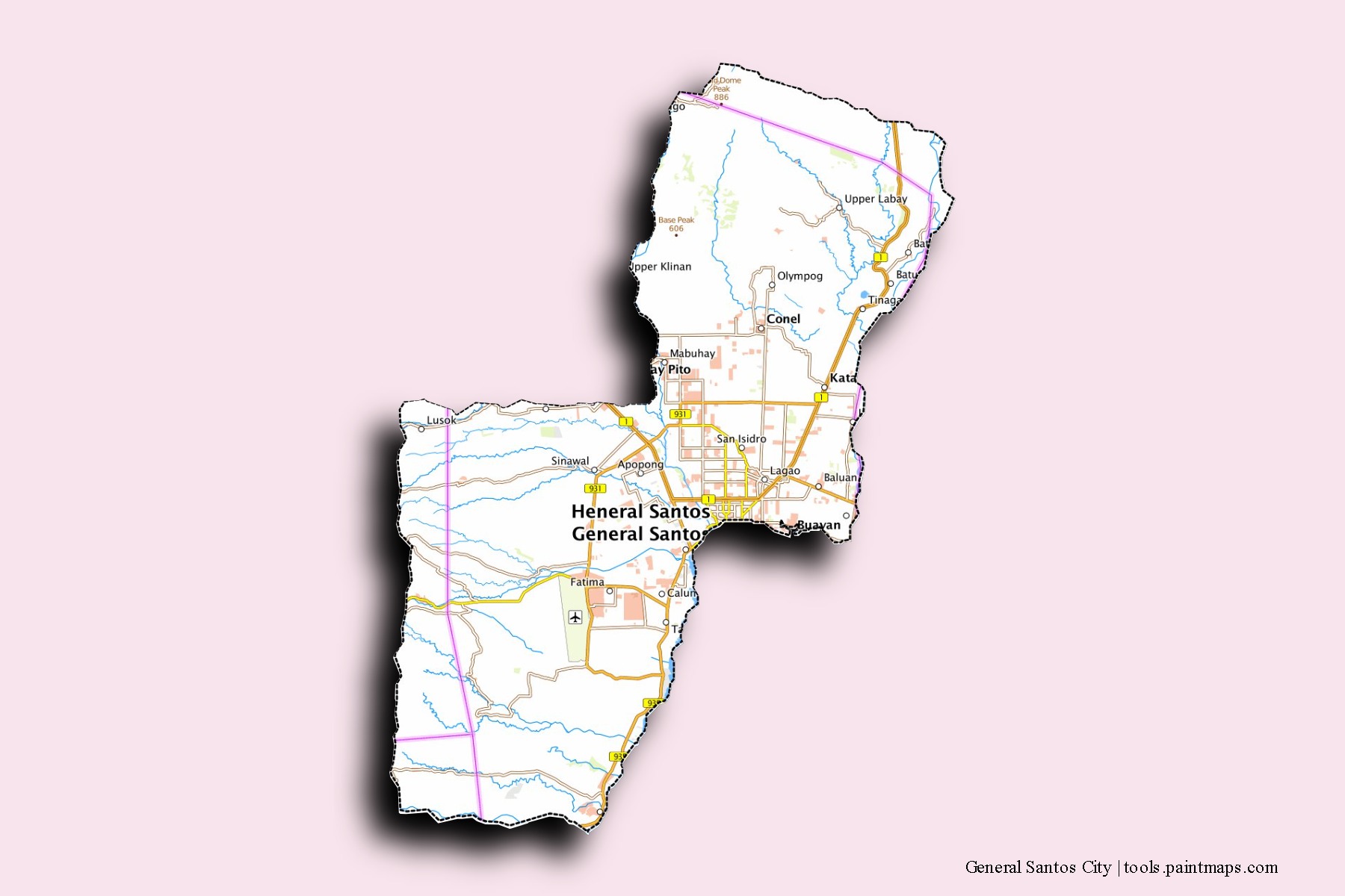 Mapa de barrios y pueblos de General Santos City con efecto de sombra 3D