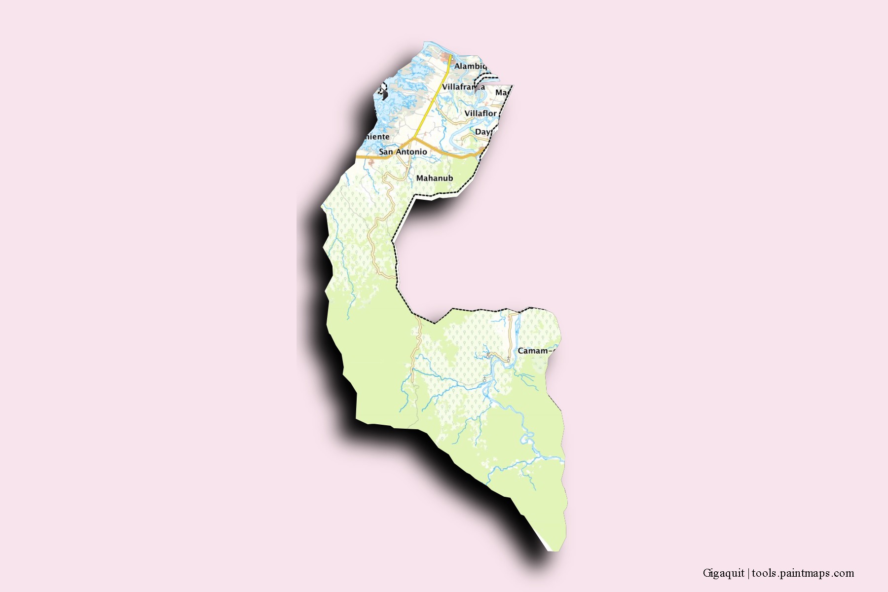 Mapa de barrios y pueblos de Gigaquit con efecto de sombra 3D