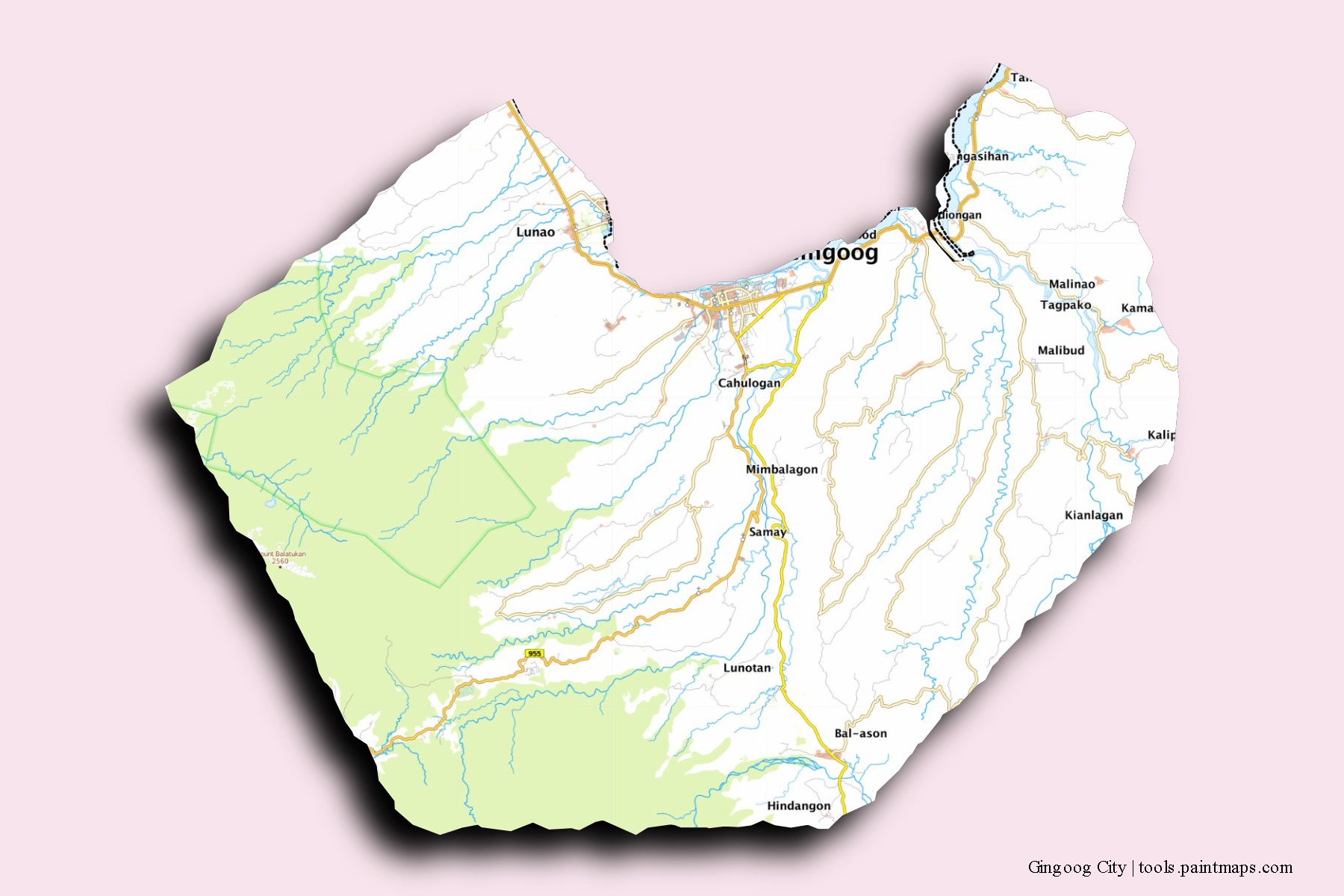 3D gölge efektli Gingoog City mahalleleri ve köyleri haritası