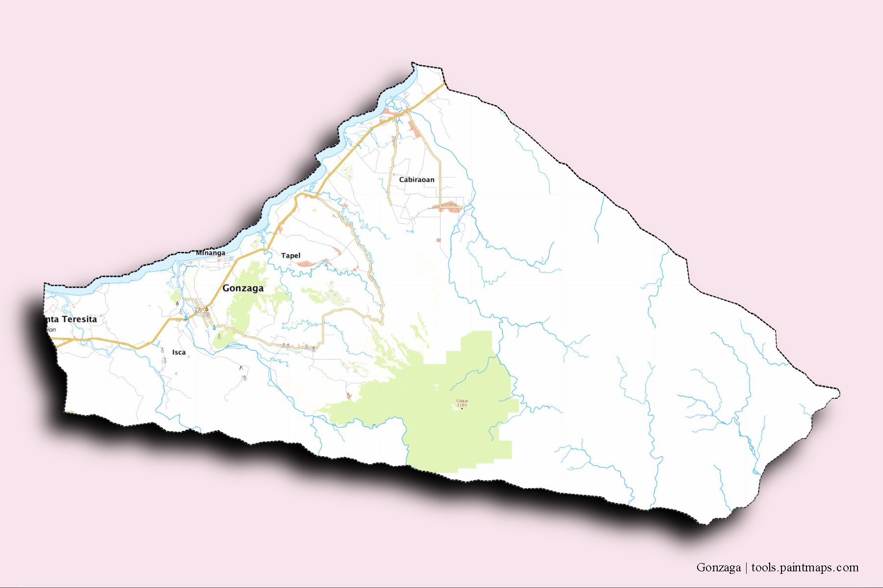 Mapa de barrios y pueblos de Gonzaga con efecto de sombra 3D