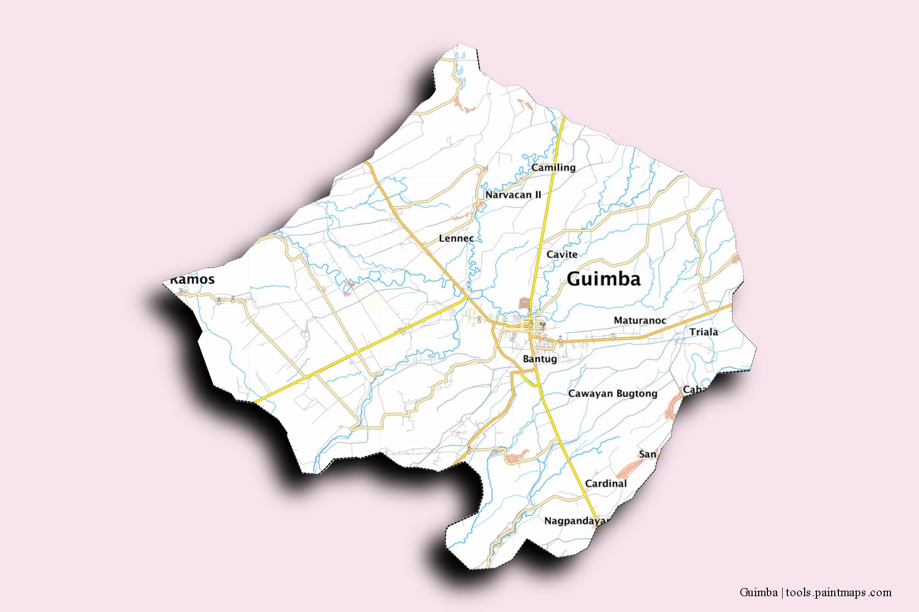 Guimba neighborhoods and villages map with 3D shadow effect