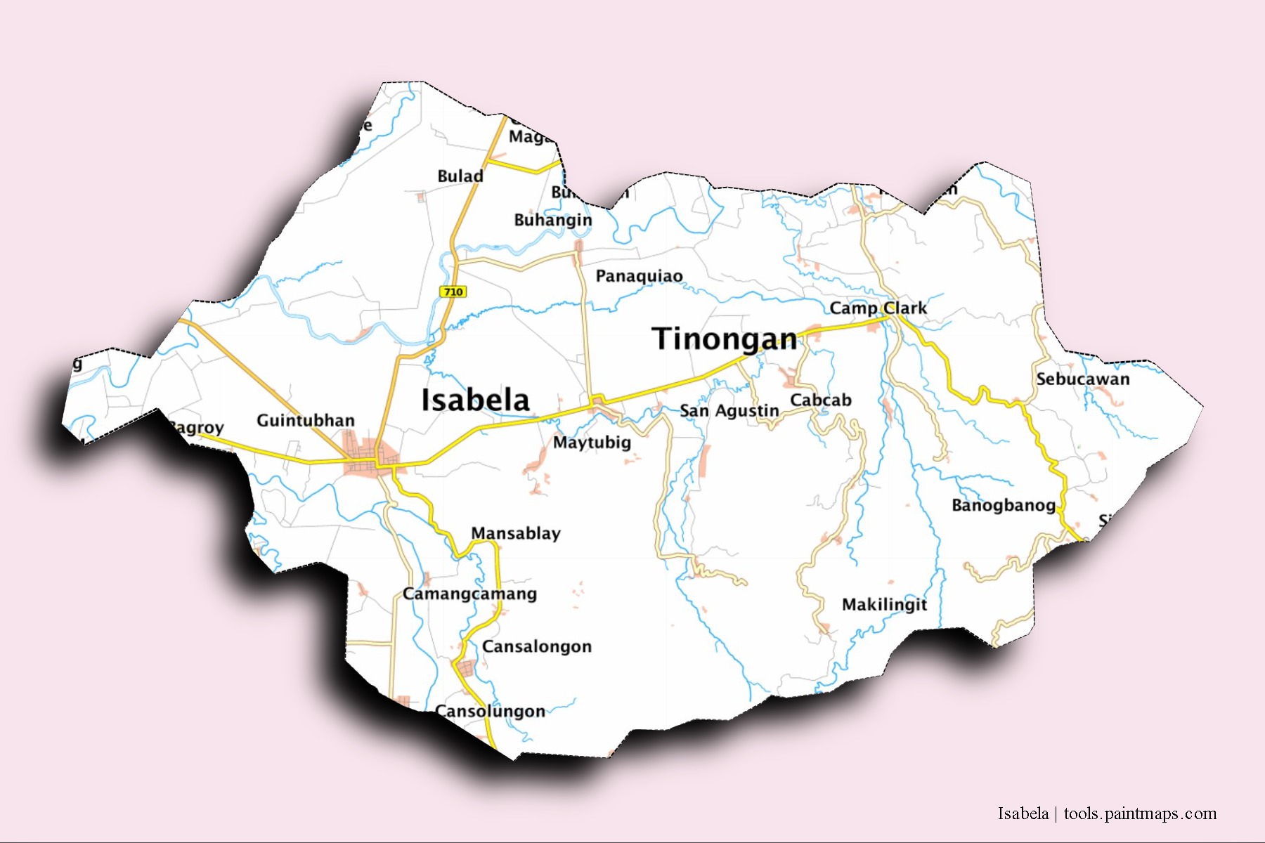 Mapa de barrios y pueblos de Isabela con efecto de sombra 3D