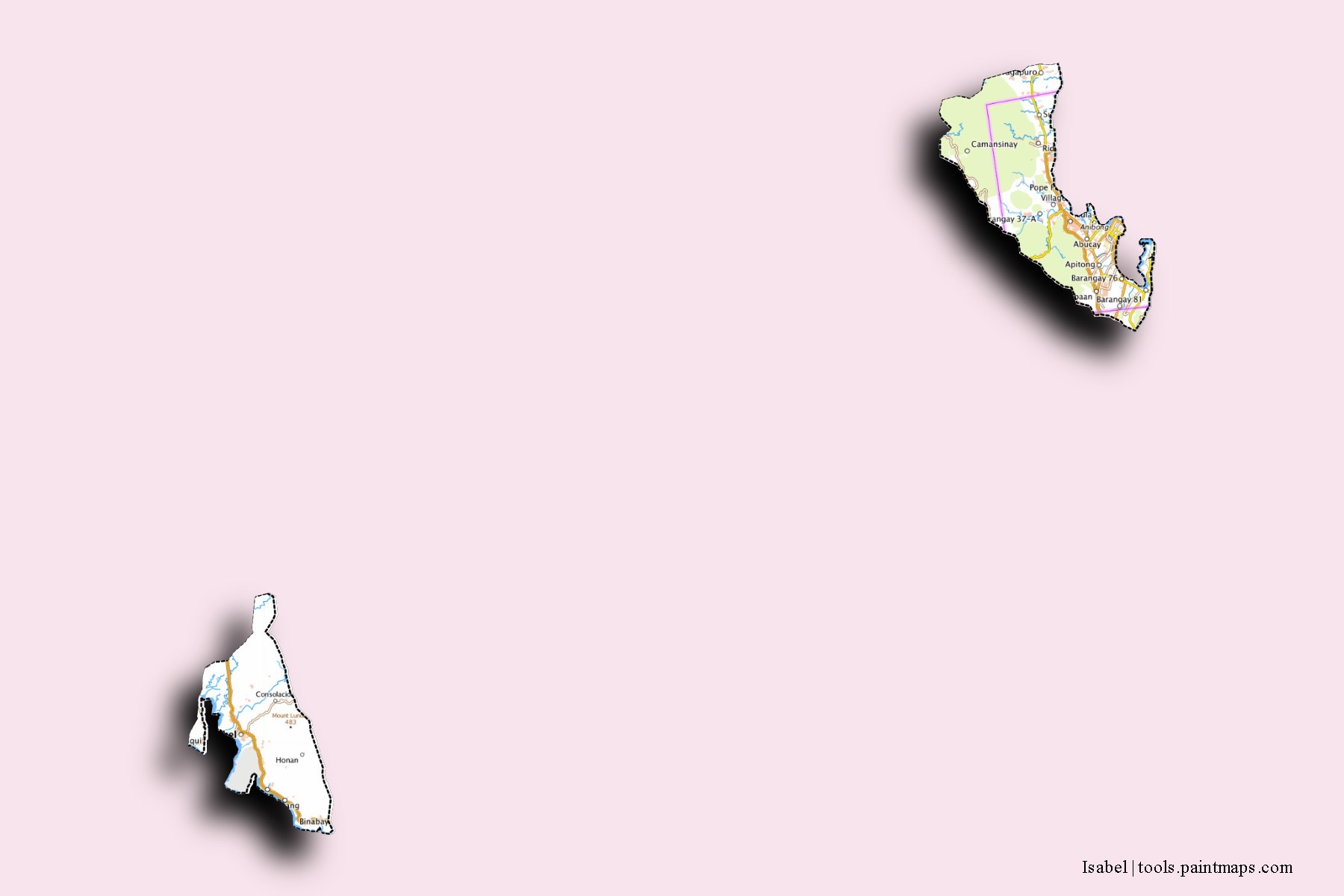 3D gölge efektli Isabel mahalleleri ve köyleri haritası