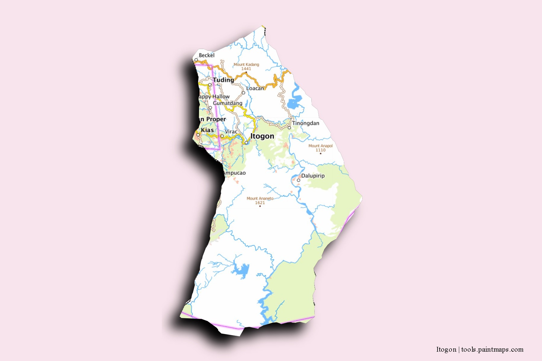 Mapa de barrios y pueblos de Itogon con efecto de sombra 3D