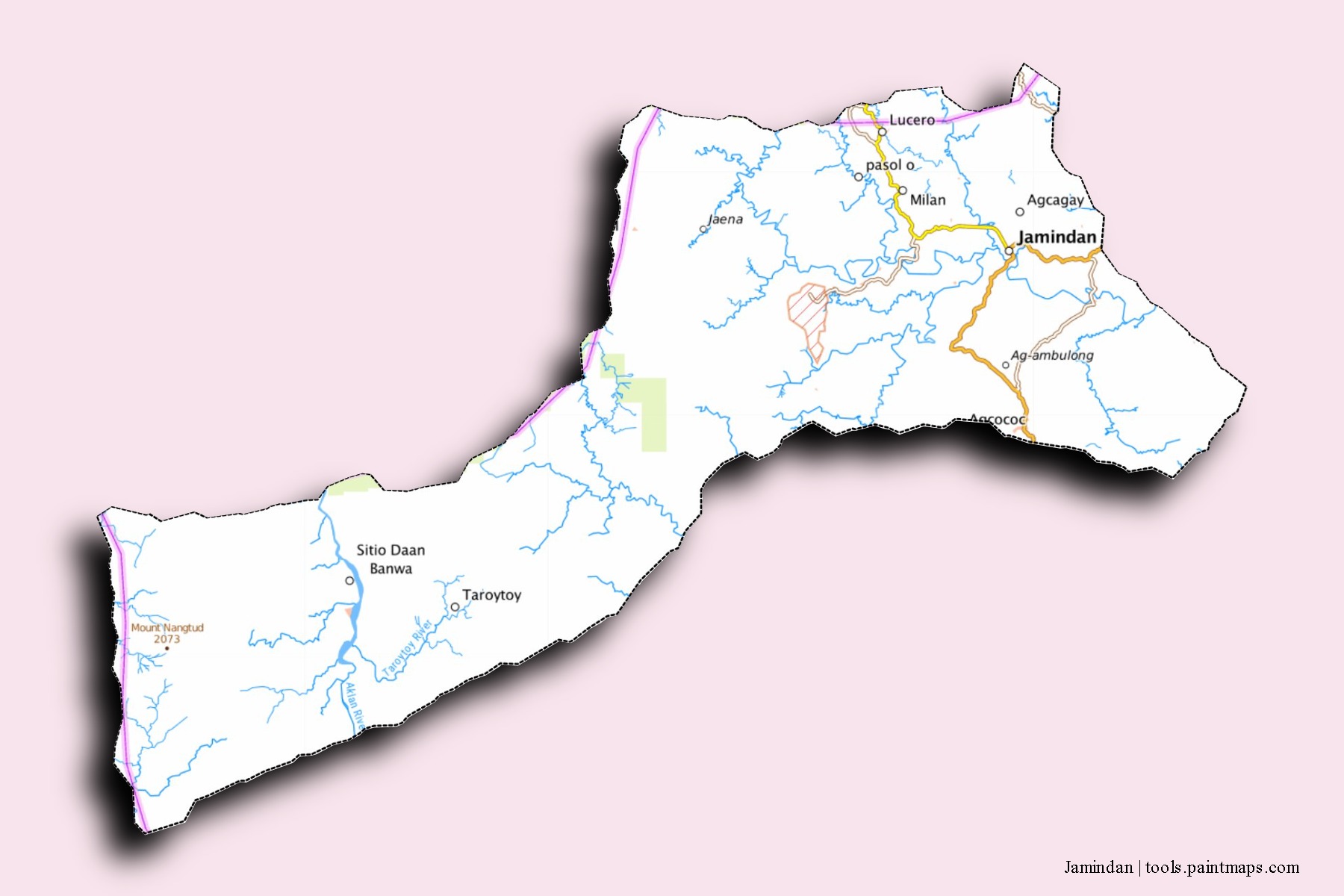 Mapa de barrios y pueblos de Jamindan con efecto de sombra 3D