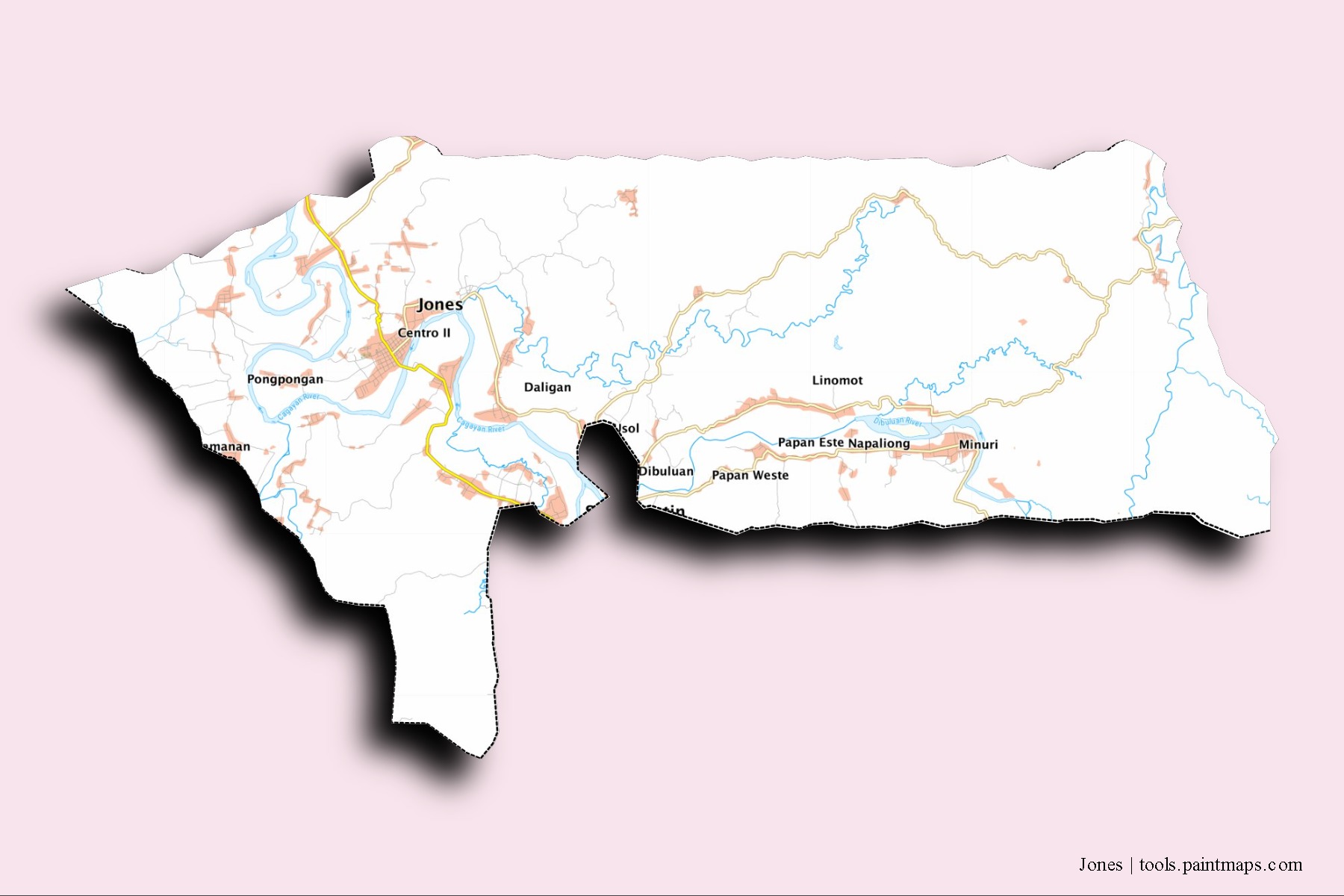 Jones neighborhoods and villages map with 3D shadow effect