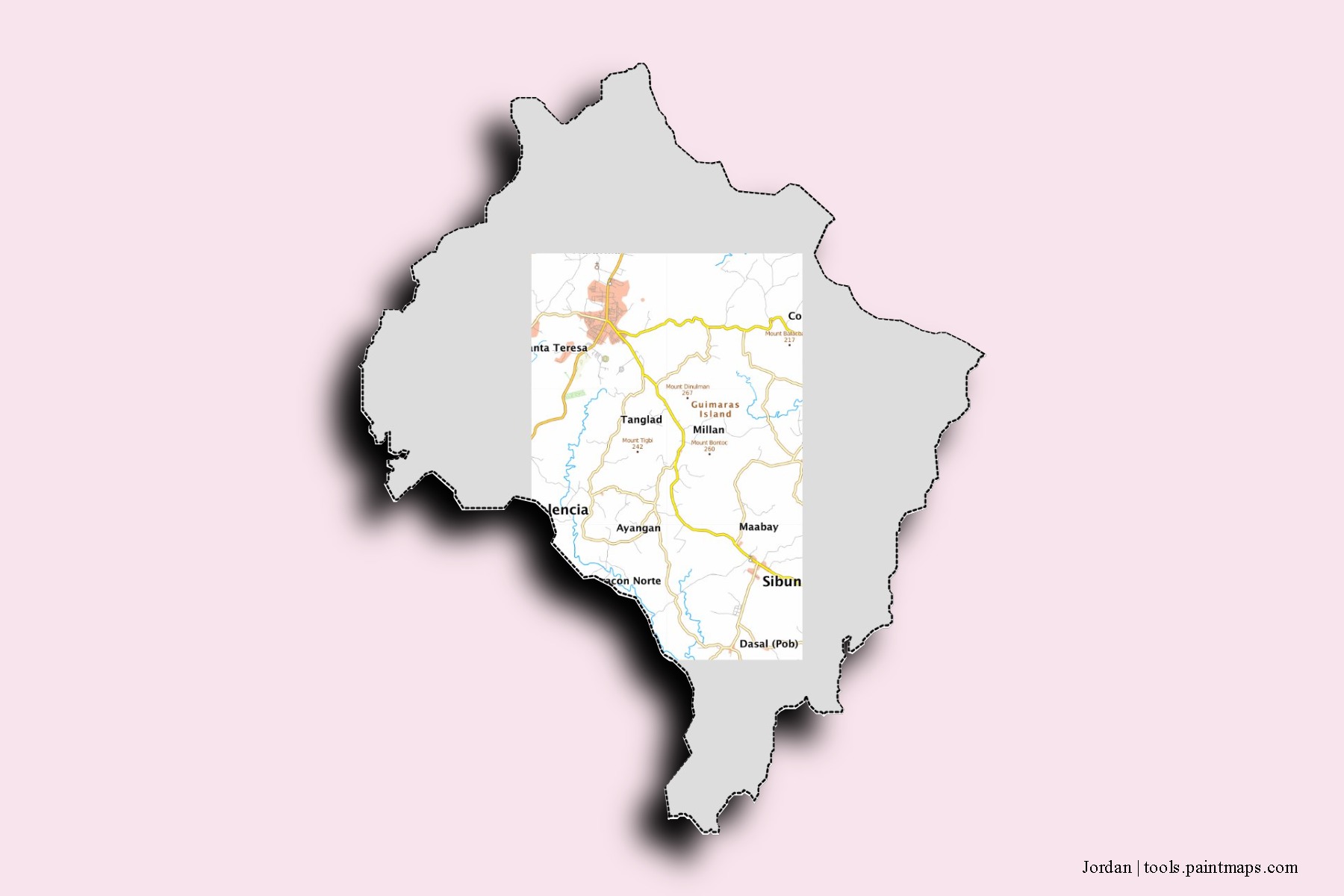 Mapa de barrios y pueblos de Jordan con efecto de sombra 3D