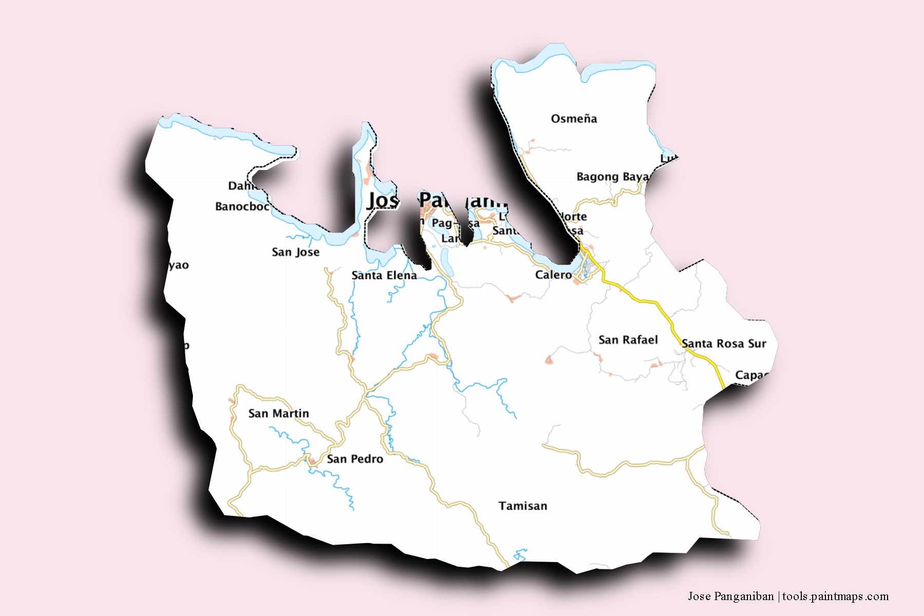 Mapa de barrios y pueblos de Jose Panganiban con efecto de sombra 3D