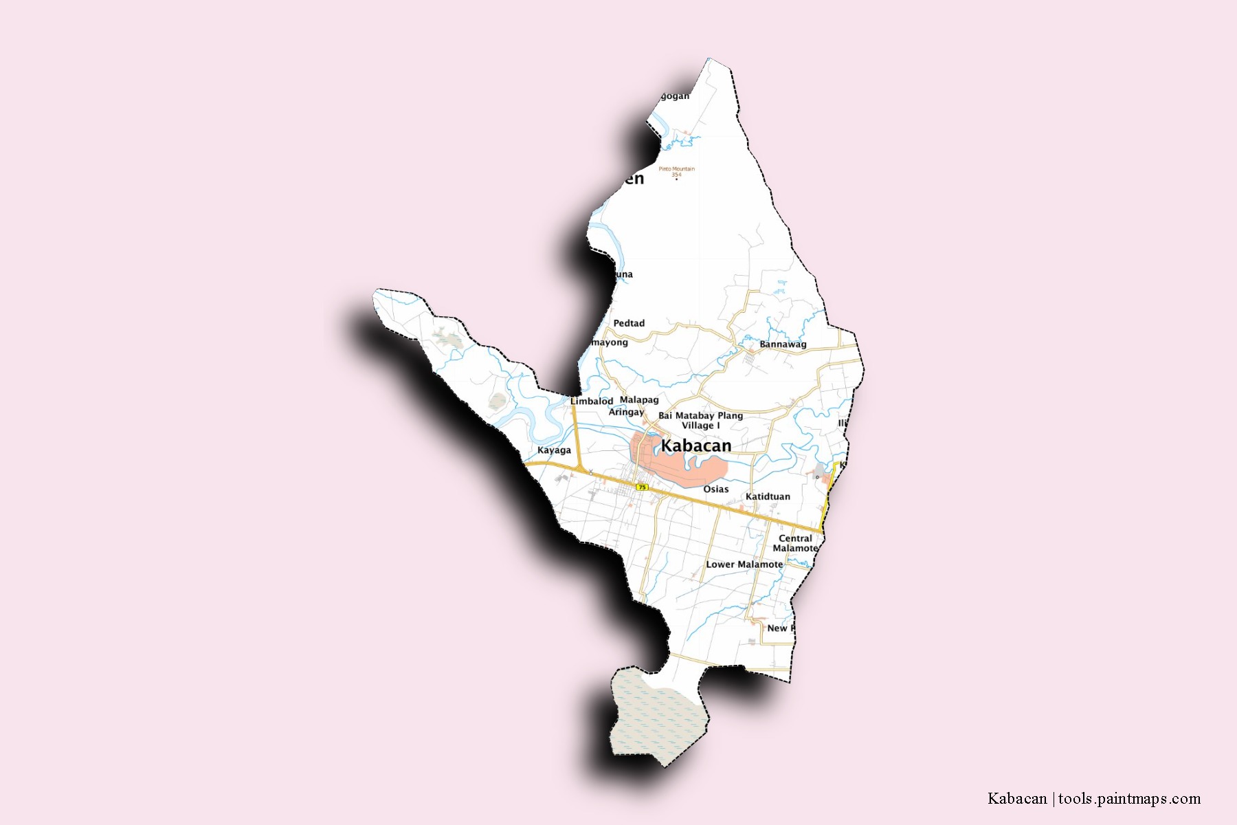 Mapa de barrios y pueblos de Kabacan con efecto de sombra 3D