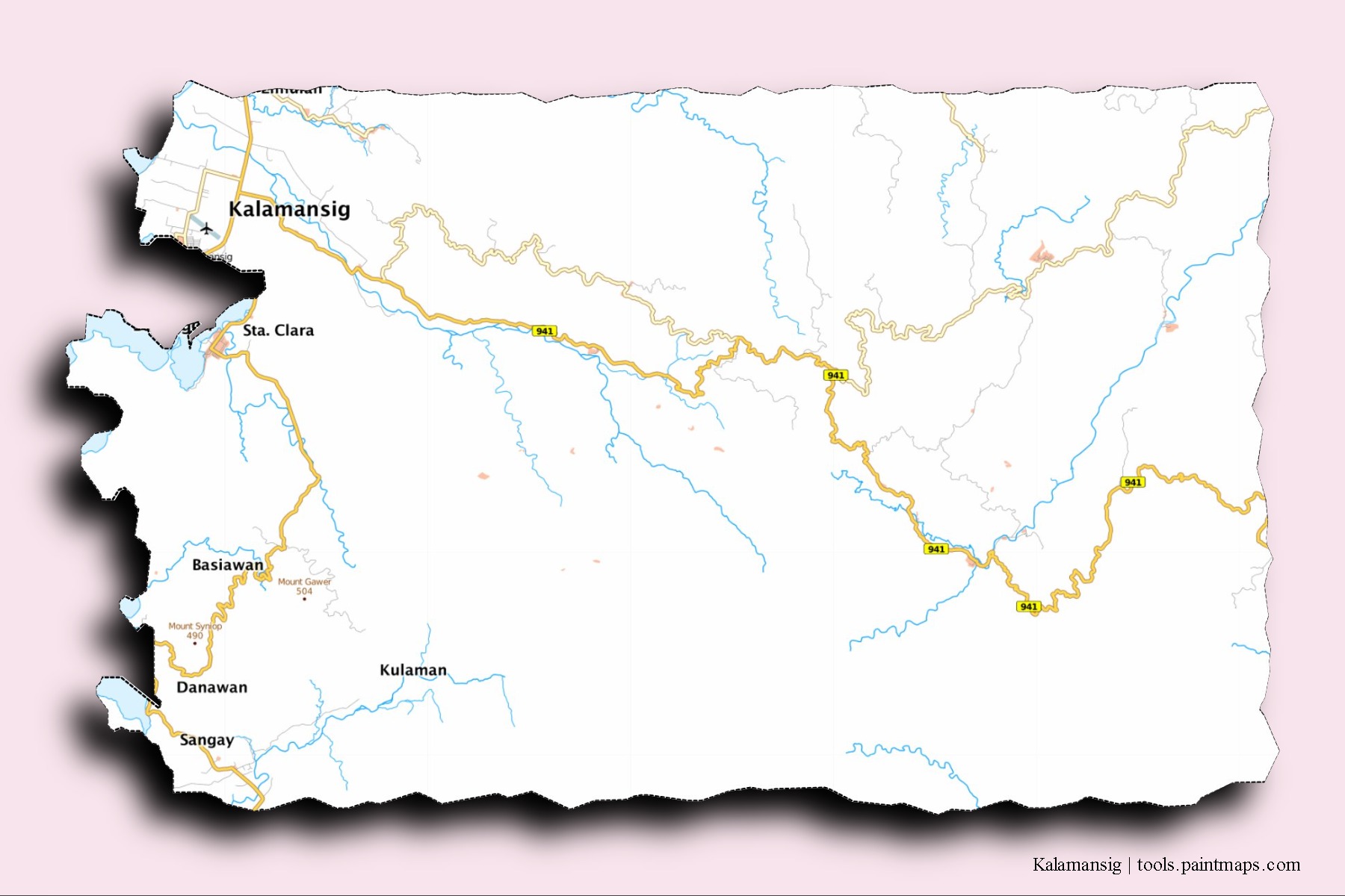 Kalamansig neighborhoods and villages map with 3D shadow effect