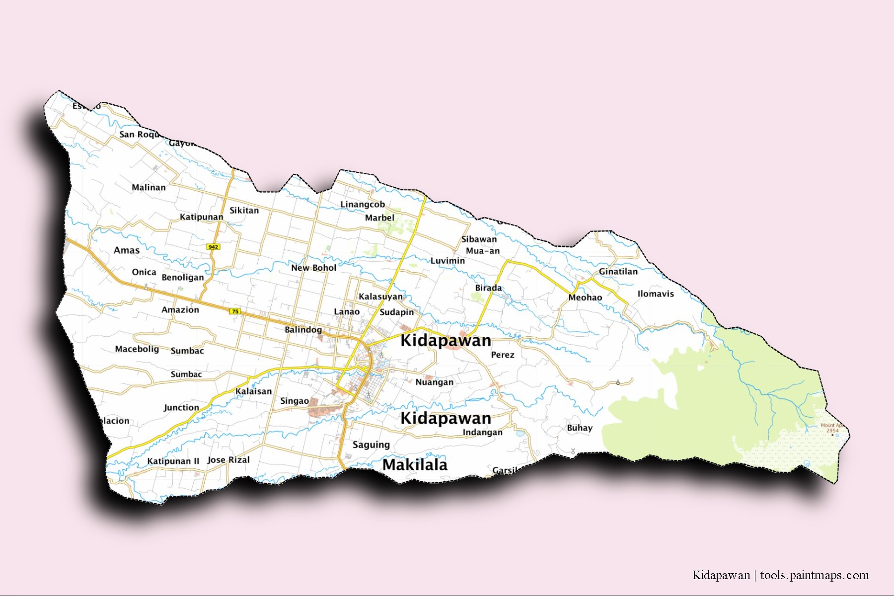 Mapa de barrios y pueblos de Kidapawan con efecto de sombra 3D