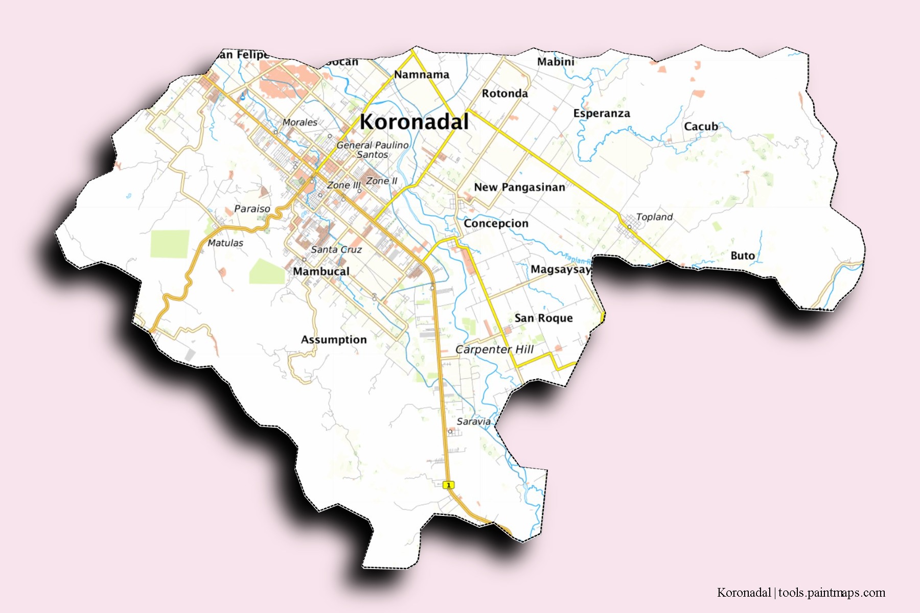 Mapa de barrios y pueblos de Koronadal con efecto de sombra 3D