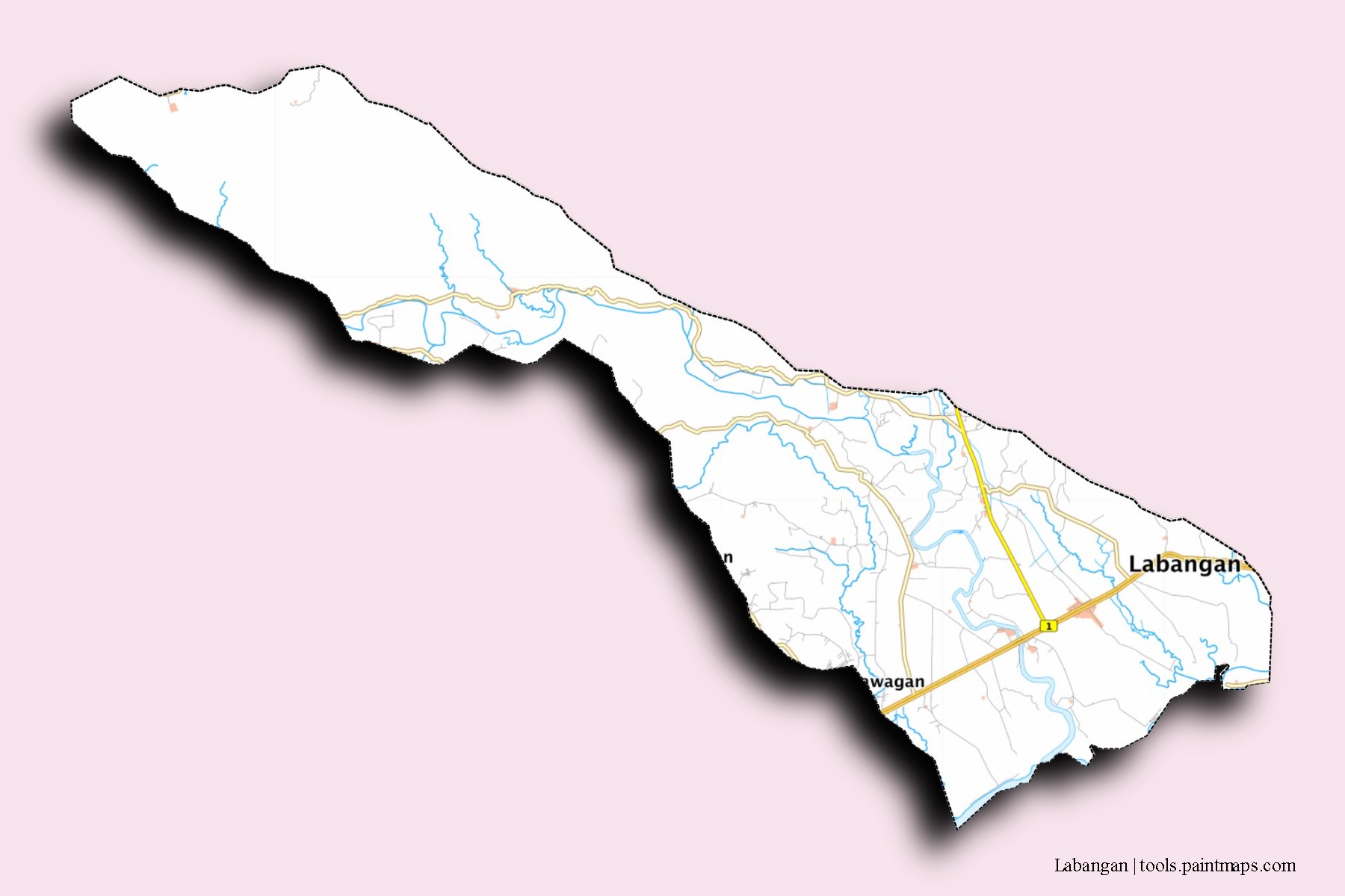 Mapa de barrios y pueblos de Labangan con efecto de sombra 3D