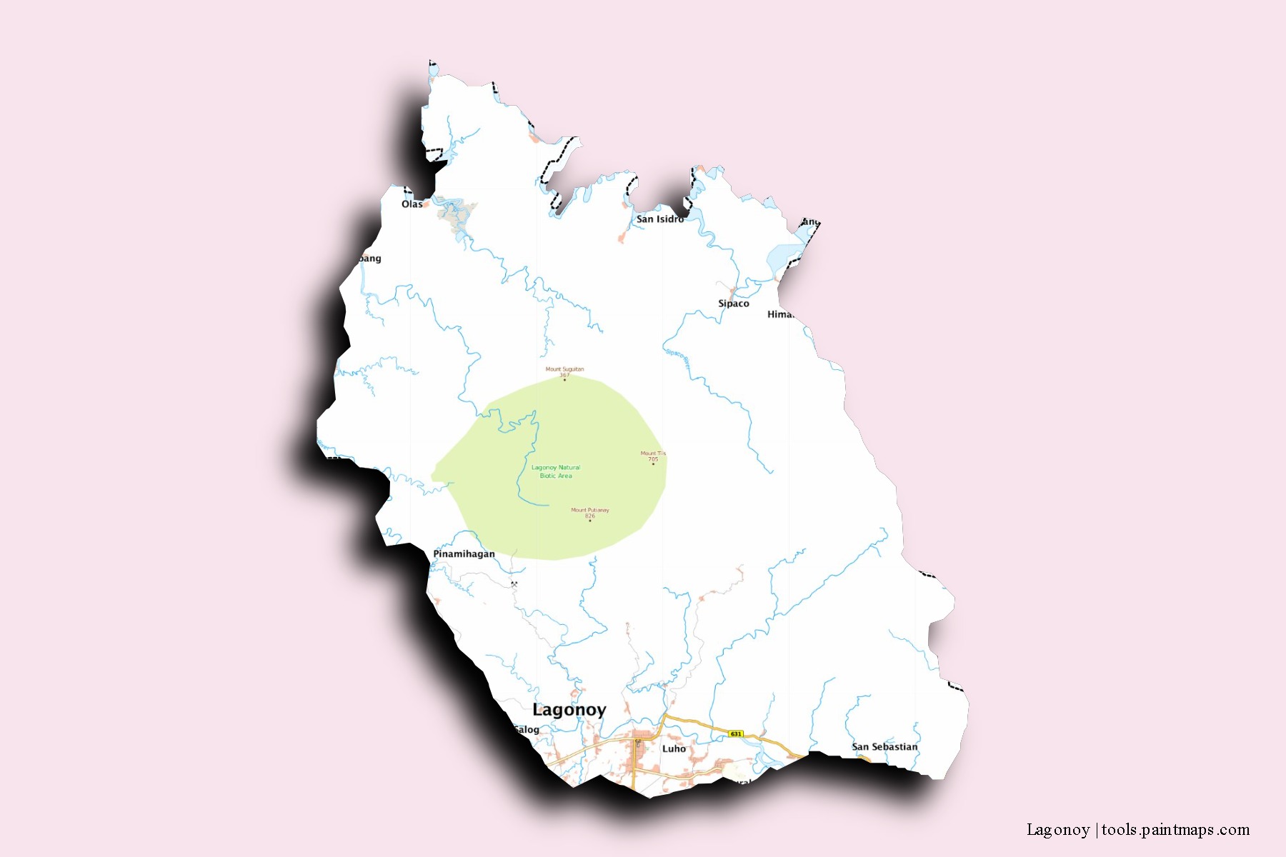 Mapa de barrios y pueblos de Lagonoy con efecto de sombra 3D