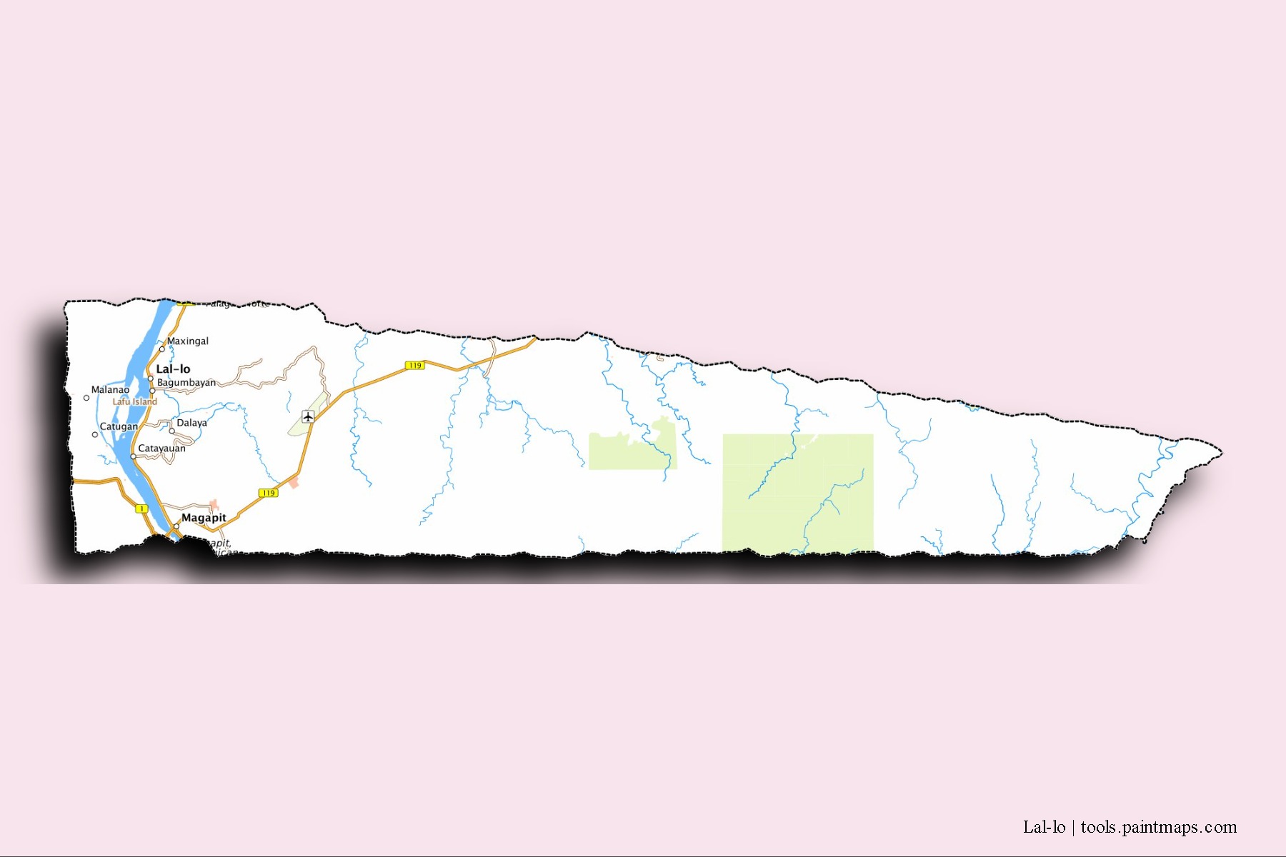 Mapa de barrios y pueblos de Lal-lo con efecto de sombra 3D