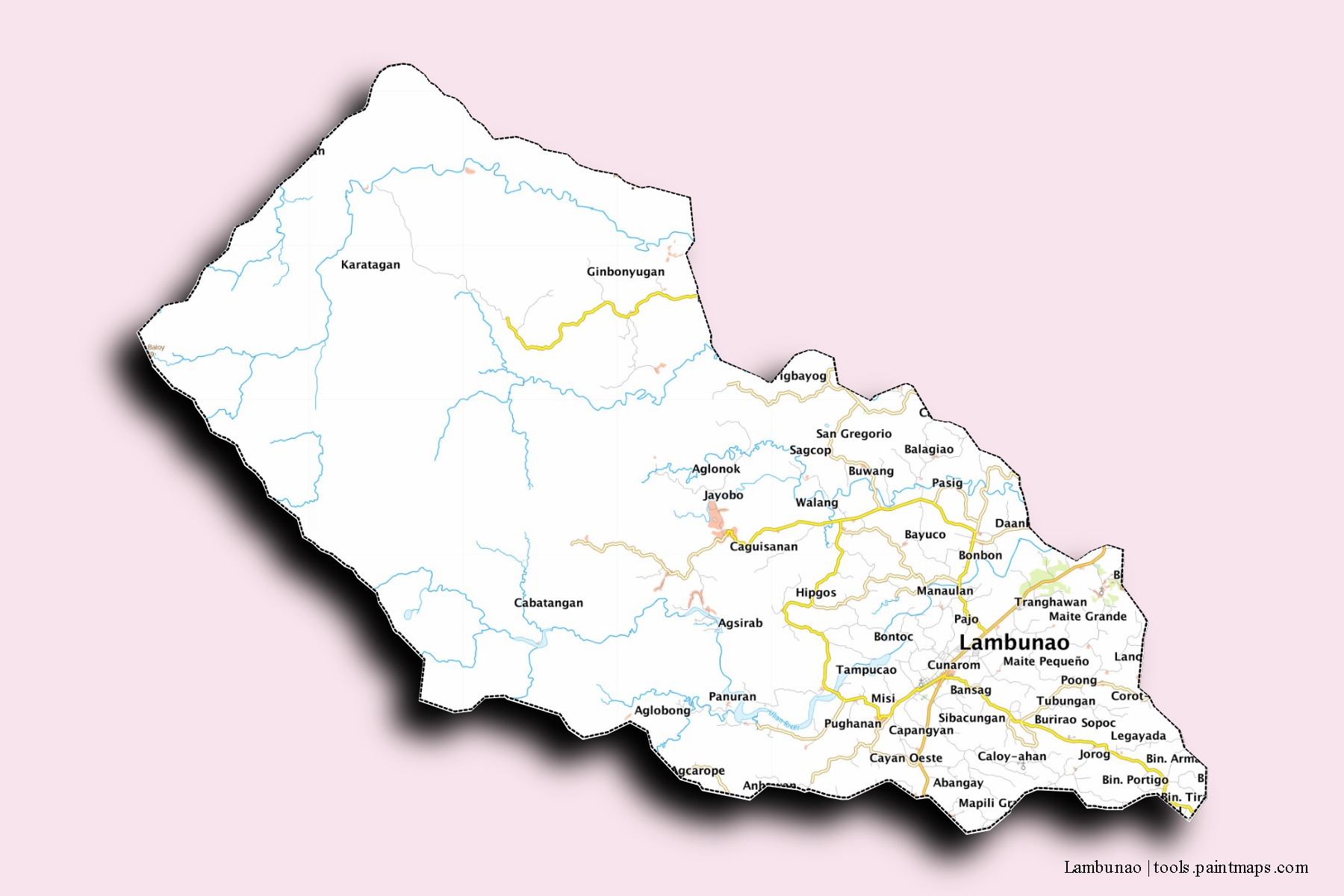 Mapa de barrios y pueblos de Lambunao con efecto de sombra 3D