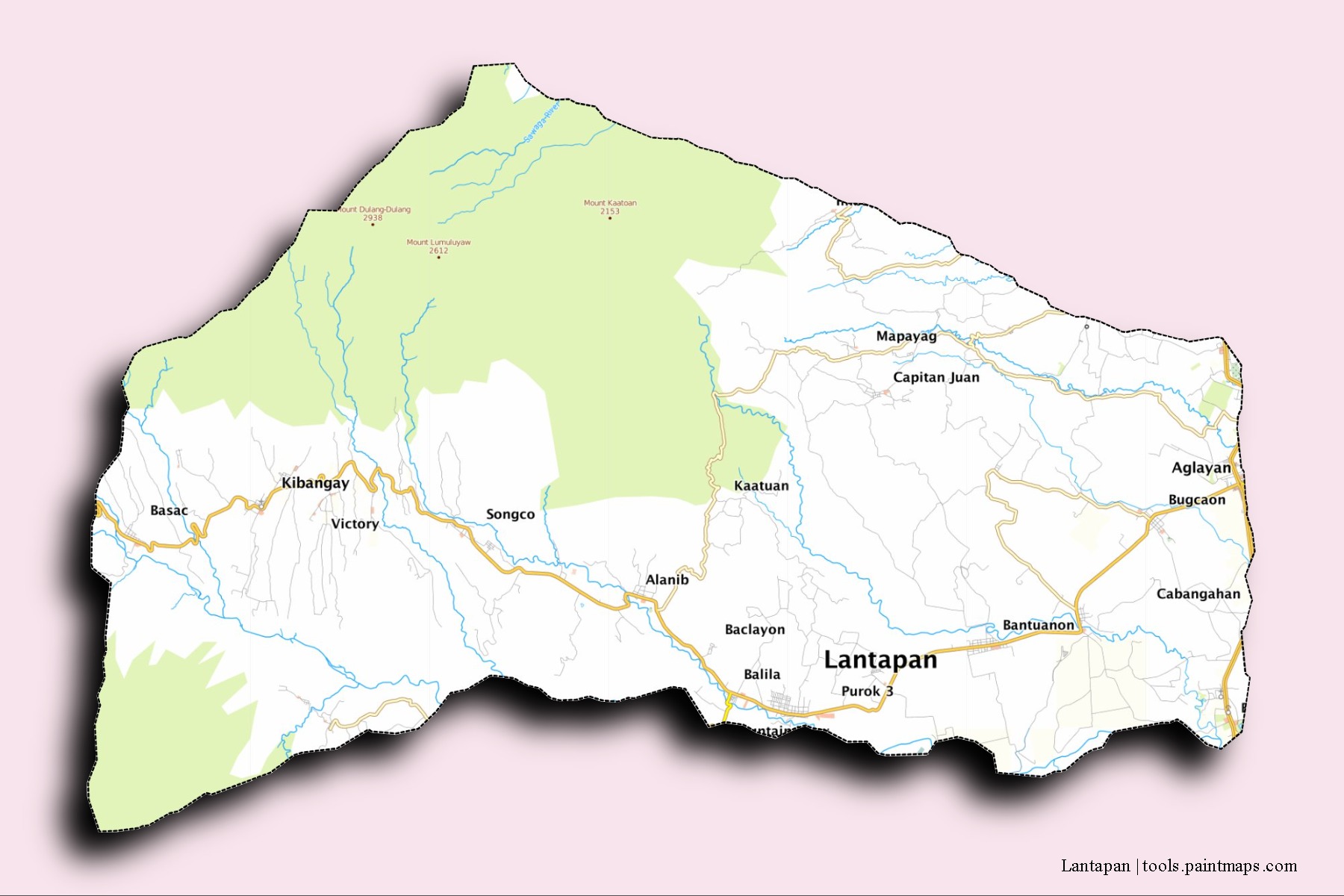 Mapa de barrios y pueblos de Lantapan con efecto de sombra 3D