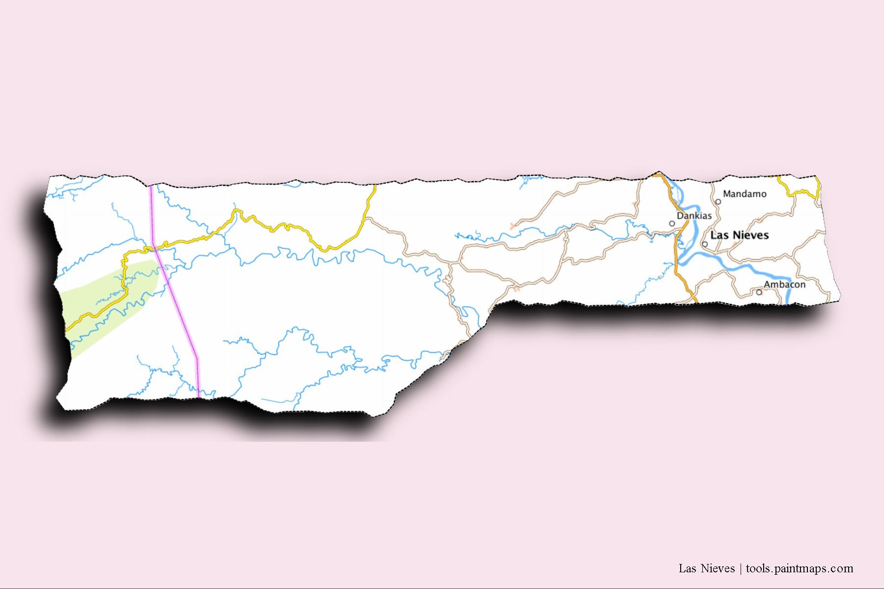 Mapa de barrios y pueblos de Las Nieves con efecto de sombra 3D