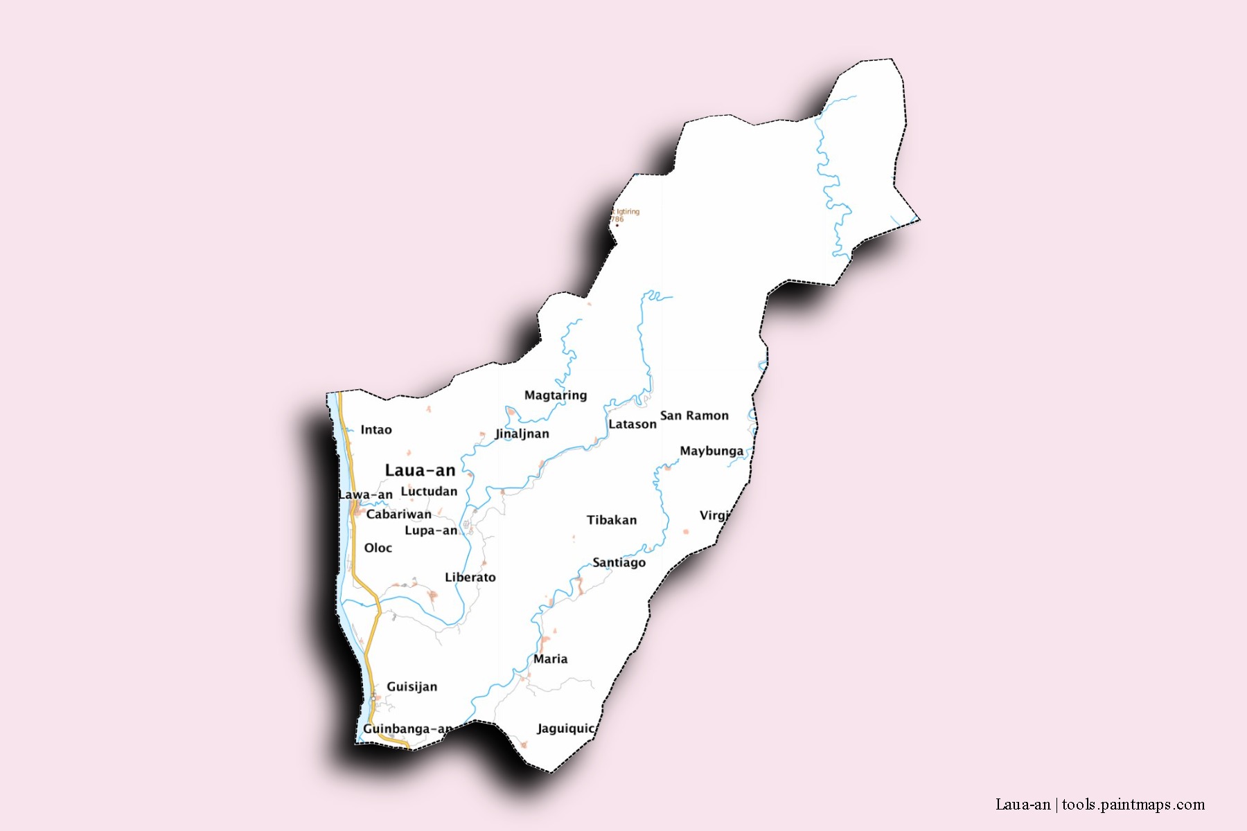 Mapa de barrios y pueblos de Laua-an con efecto de sombra 3D