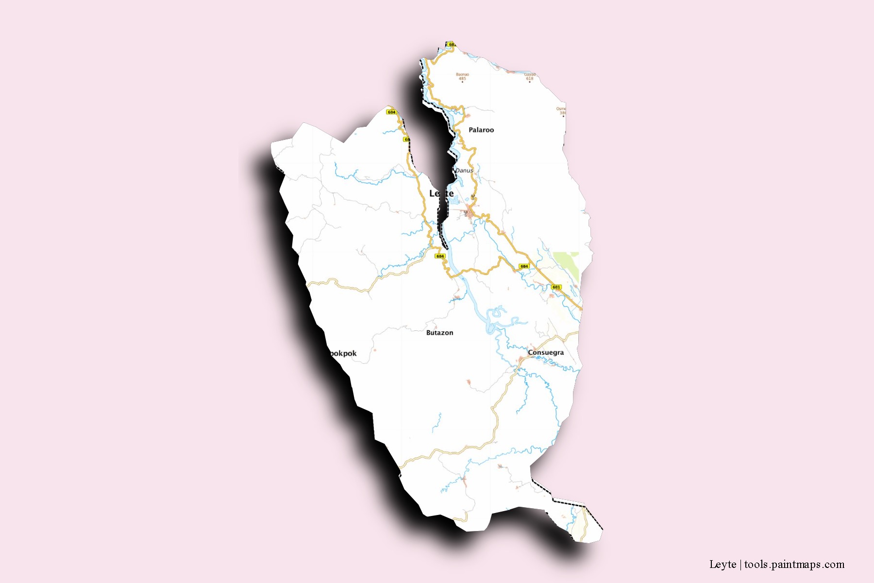 Mapa de barrios y pueblos de Leyte con efecto de sombra 3D