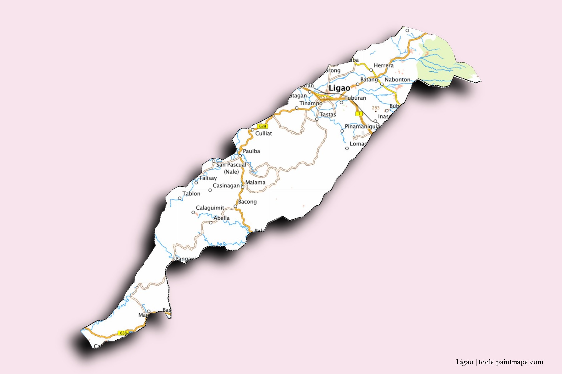 Mapa de barrios y pueblos de Ligao con efecto de sombra 3D