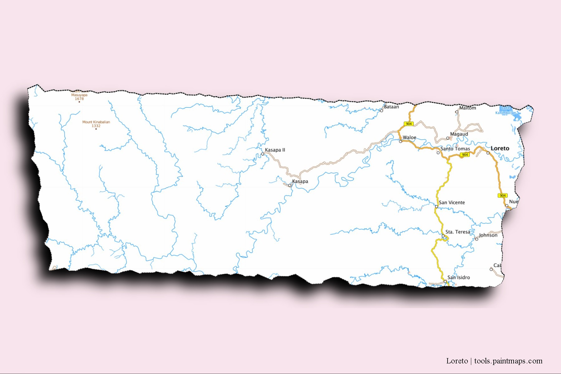 Mapa de barrios y pueblos de Loreto con efecto de sombra 3D