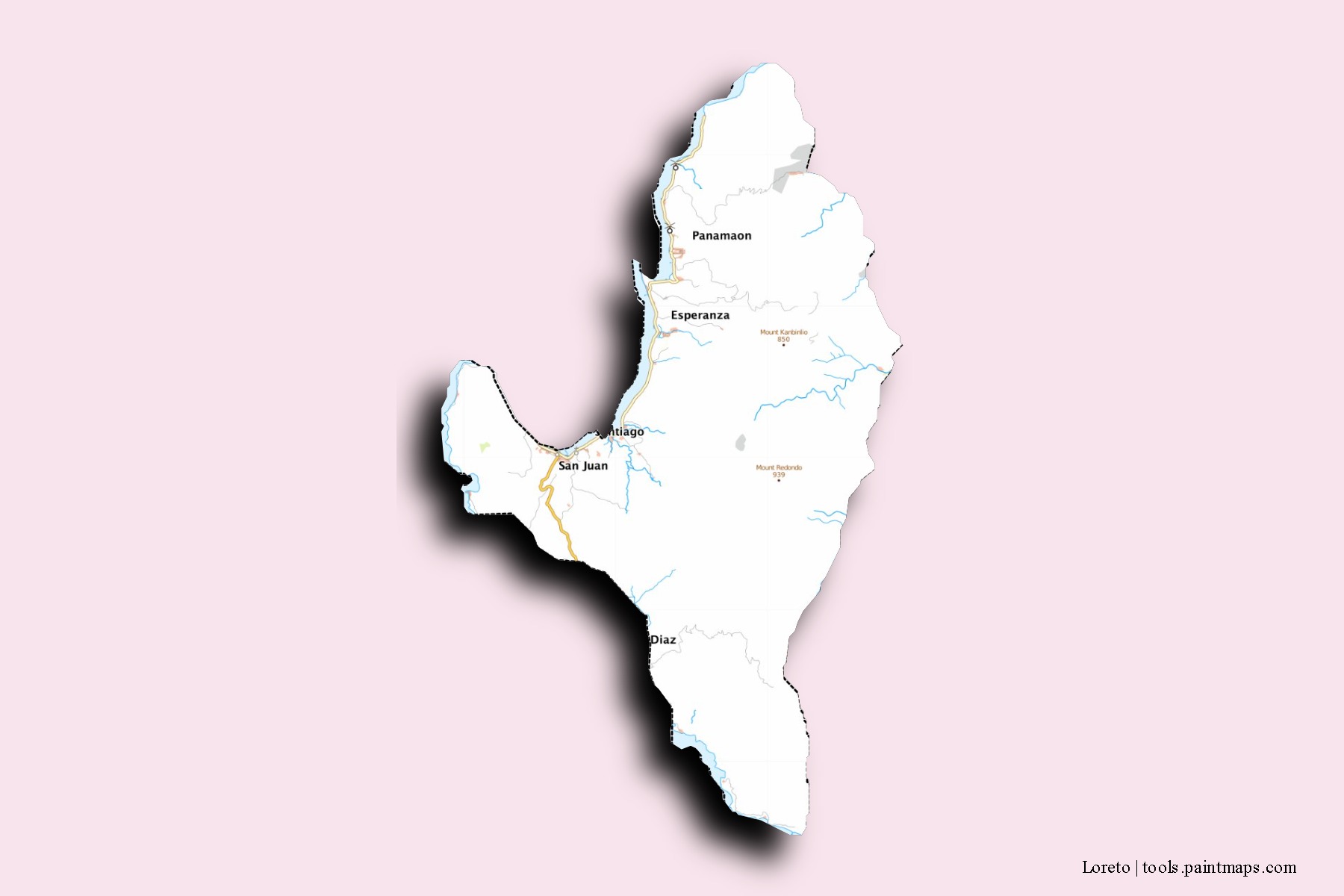 Mapa de barrios y pueblos de Loreto con efecto de sombra 3D