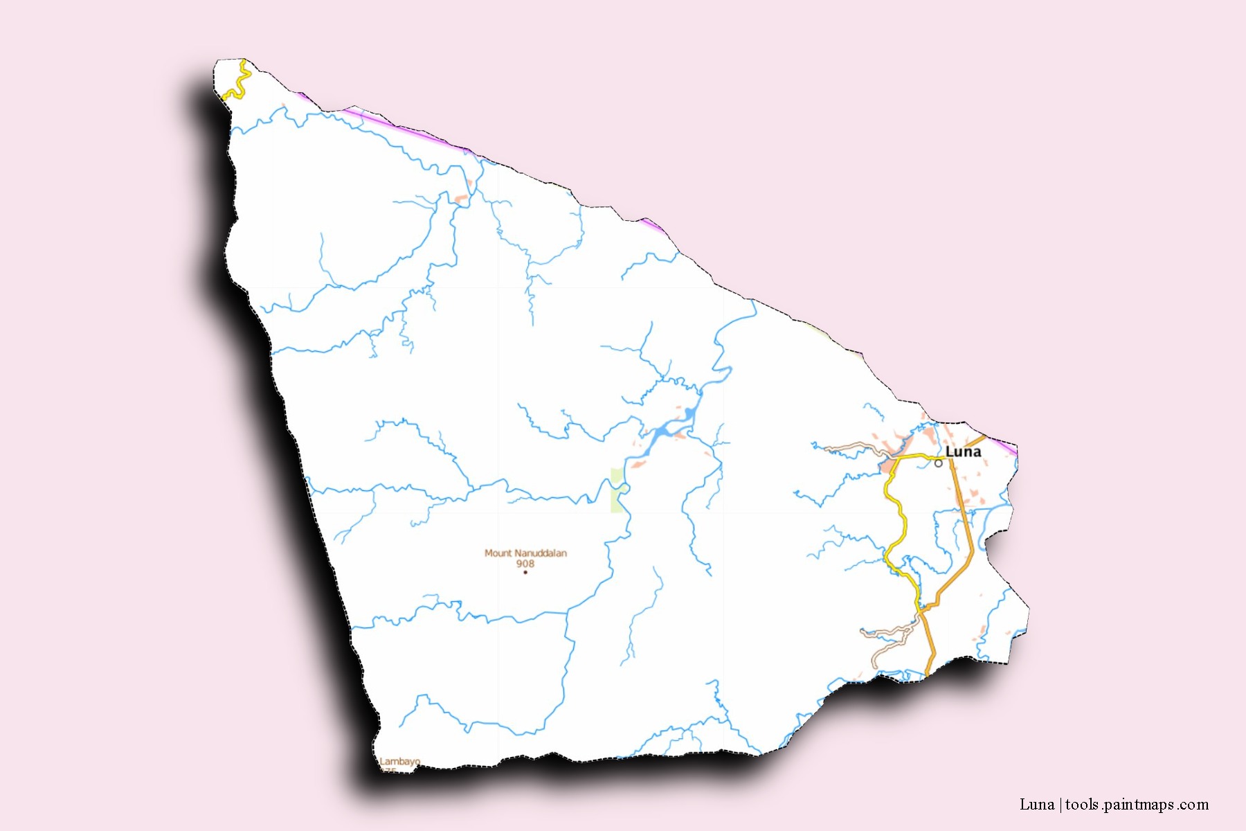 Mapa de barrios y pueblos de Luna con efecto de sombra 3D